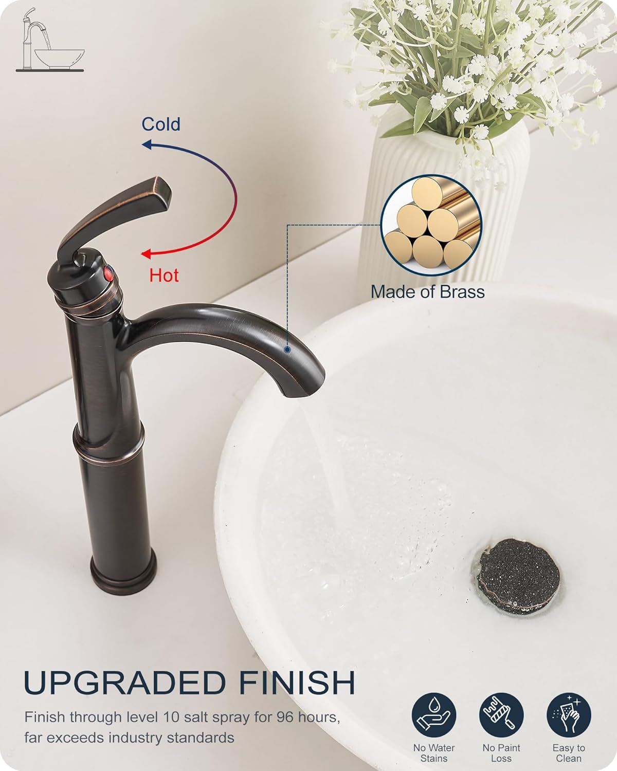 12.6 Inch Tall Bathroom Faucet 1 Hole, Single Handle with Pop Up Drain, cUPC Supply Line and Aerator for Farmhouse, Countertop Basin
