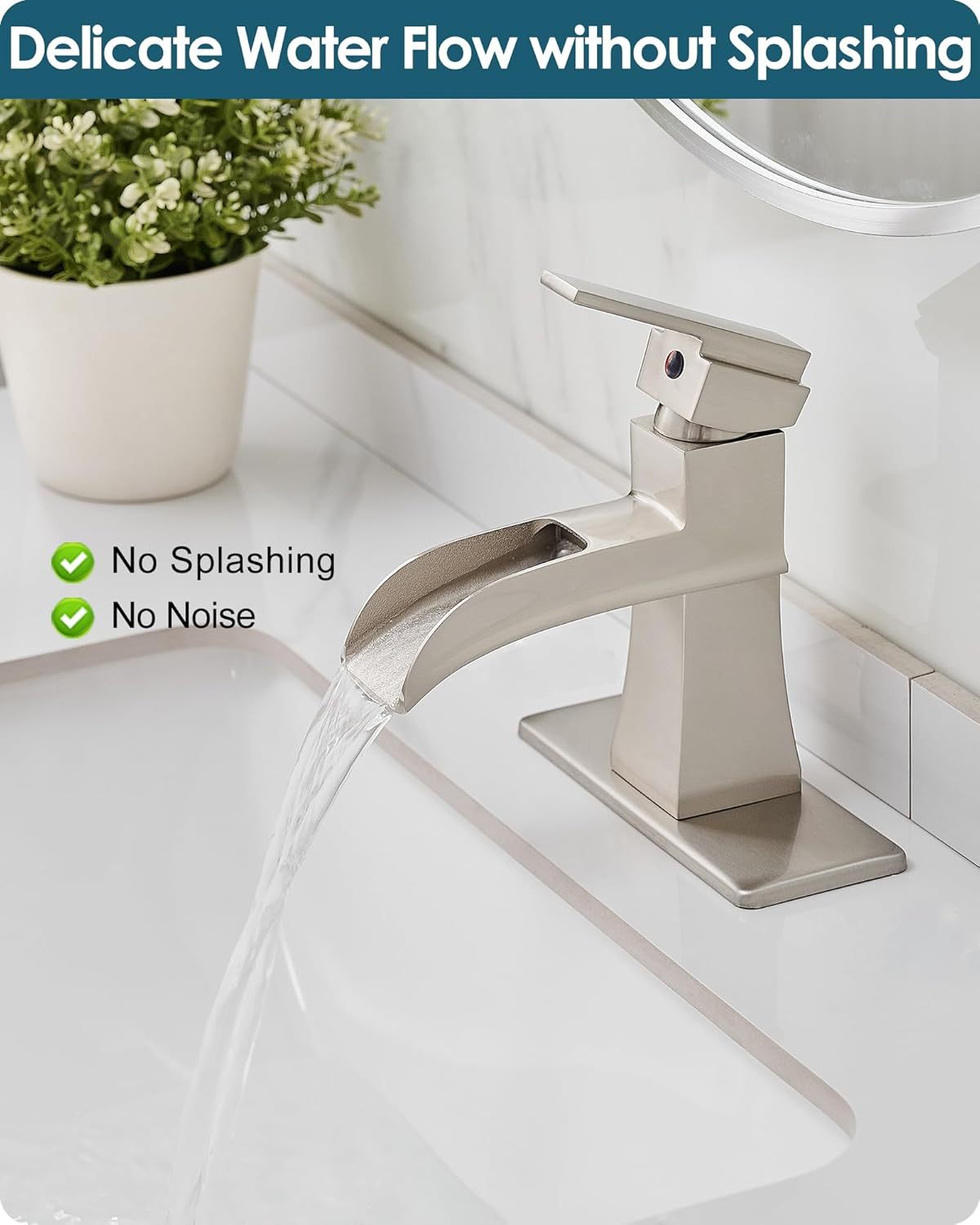 Single Hole Bathroom Faucet 3 Hole (4 Inch), Brass Waterfall Faucet Single Handle, Bathroom Faucets Brushed Nickel Bathroom Sink Faucet with Deck Plate & Pre-Install Hoses Without Pop-up Drain