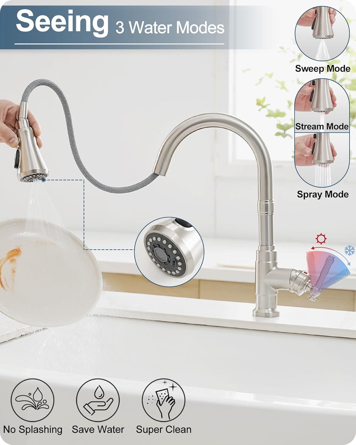 3-Function Pull-Down Sprayer Kitchen Faucets, 1 or 3 Hole High Arc Classic Single Handle Kitchen Sink Faucet with Deck Plate