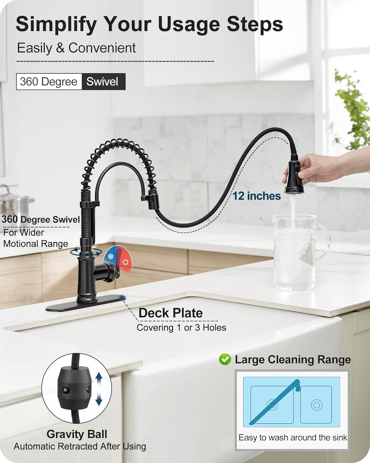 3 Modes Bronze Kitchen Faucet with Pull Down Sprayer, Single Hole Kitchen Sink Faucet 3 Hole, Stainless Steel High Arc Spring Style