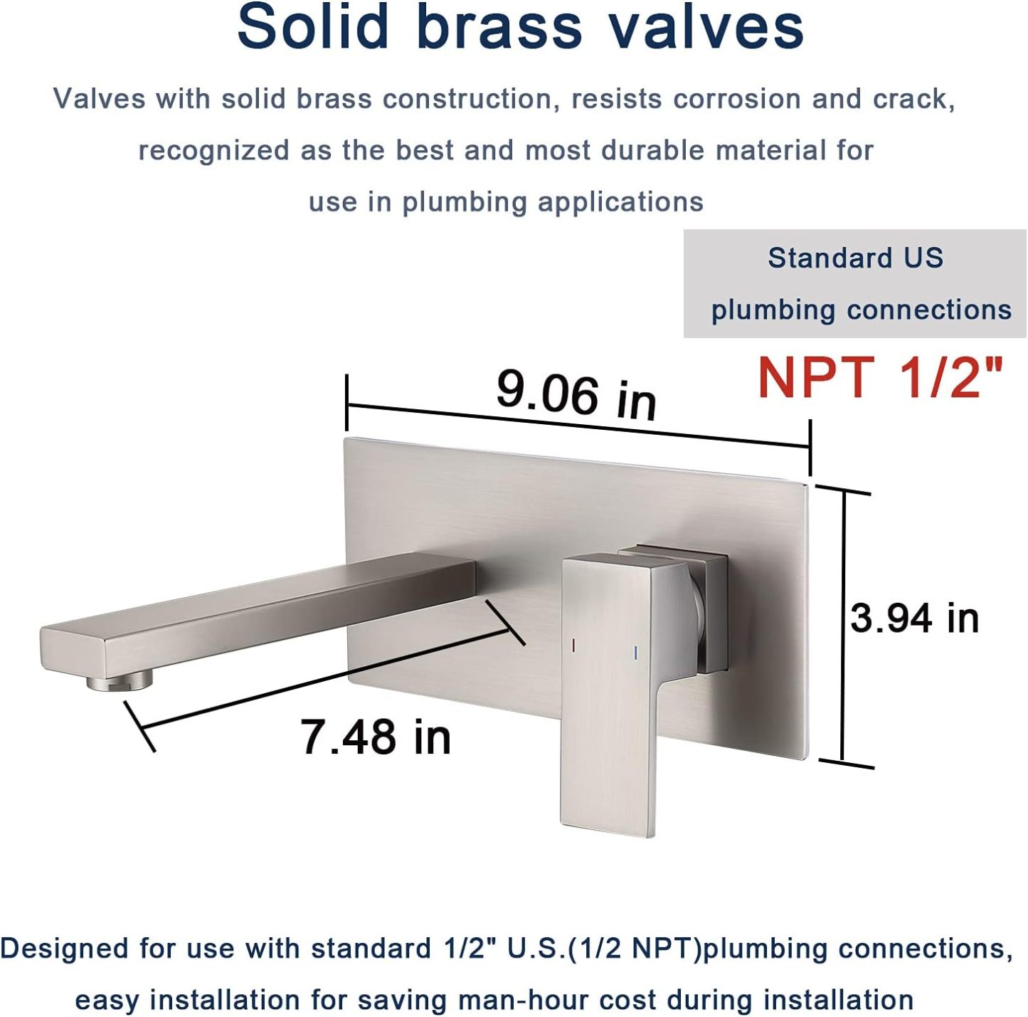 Wall Mount Faucet for Bathroom Sink or Bathtub, Single Handle 2 Holes Brass Rough-in Valve Included