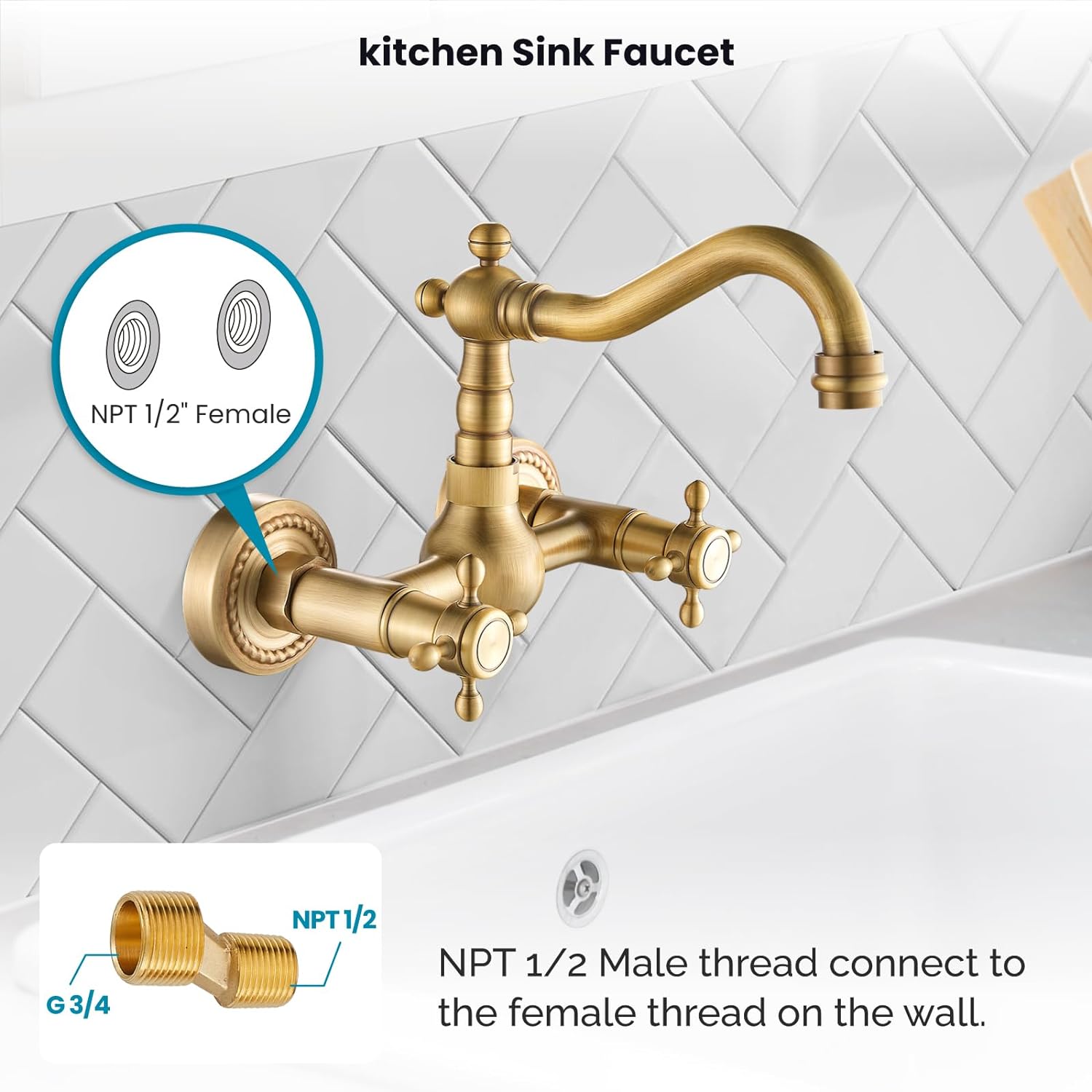 Antique Brass Wall Mount Sink Faucet 6 Inch 2 Double Knobs