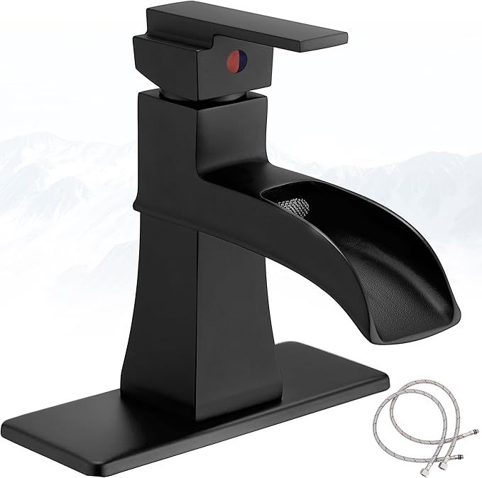 Single Hole Bathroom Faucet 3 Hole (4 Inch), Brass Waterfall Faucet Single Handle, Bathroom Faucets Brushed Nickel Bathroom Sink Faucet with Deck Plate & Pre-Install Hoses Without Pop-up Drain