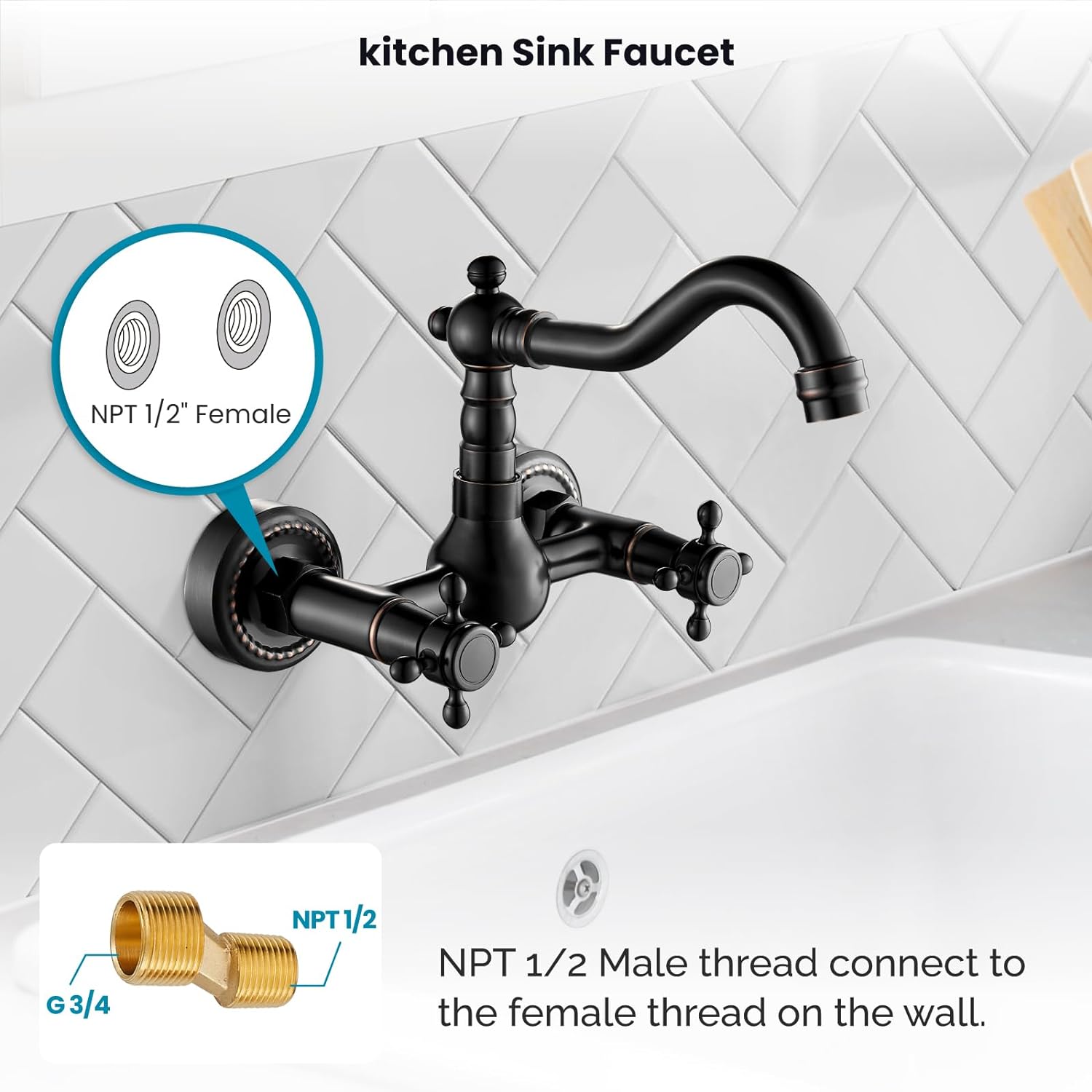 6 Inch Center Oil Rubbed Bronze Wall Mount Kitchen Sink Faucet