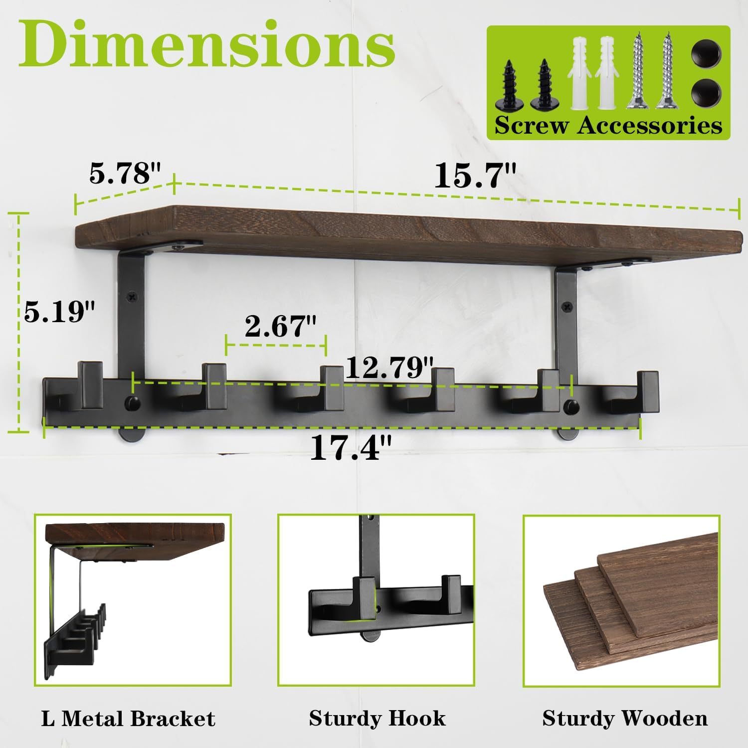 Heavy Duty Wall Hooks with Wood Shelves Coat Hooks for Hanging Clothes Hats Towel