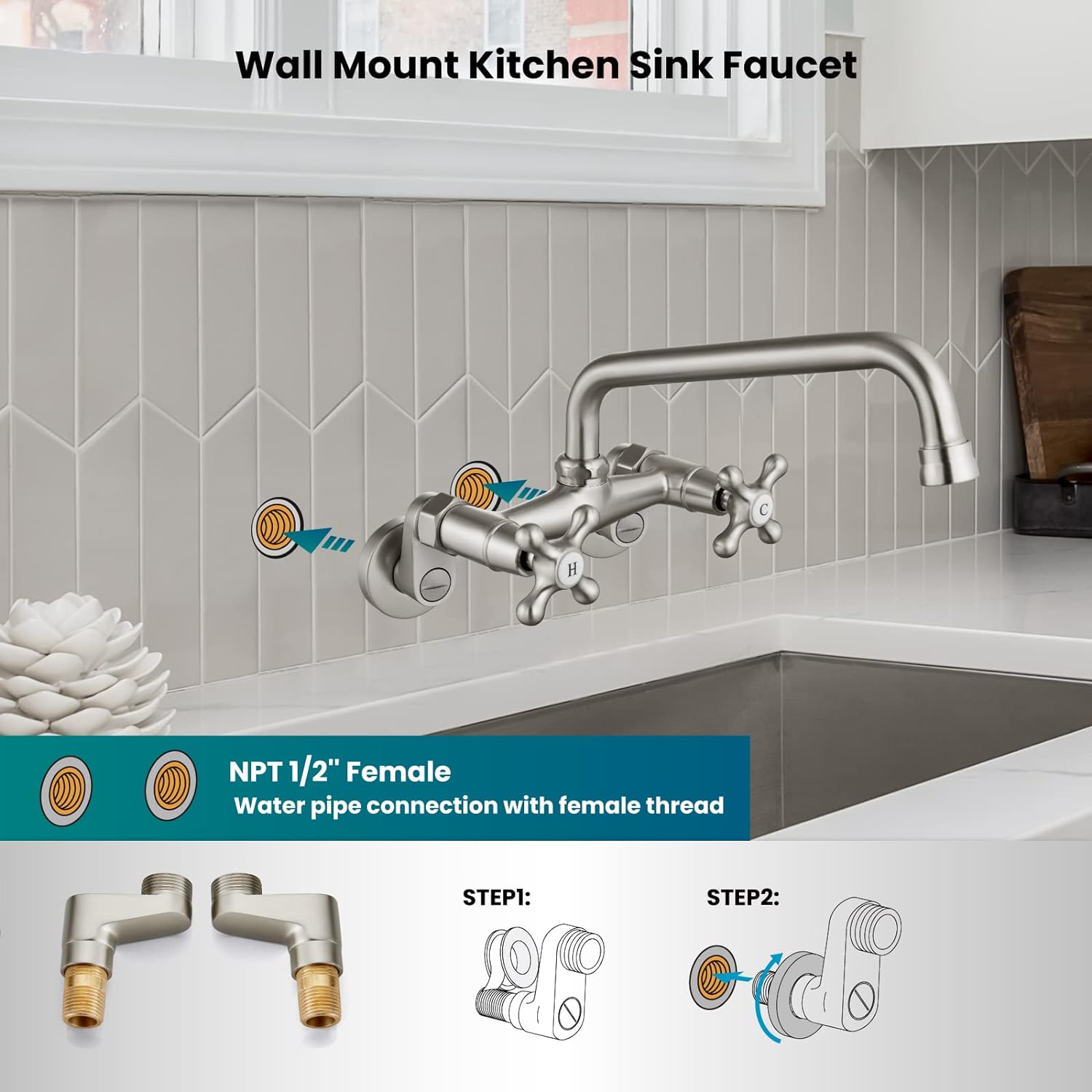 Wall Mount Kitchen Faucet Brushed Nickel Double Cross Handle
