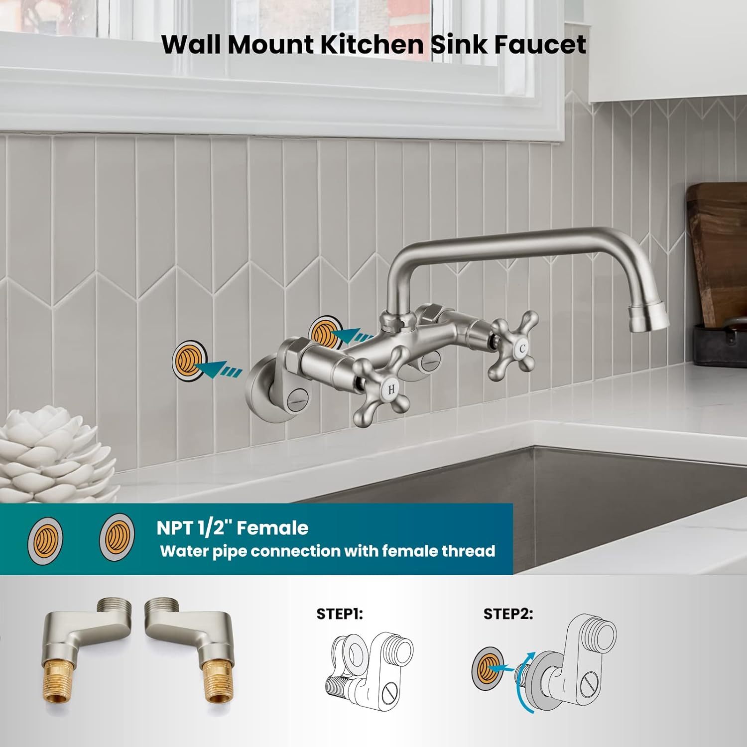 Wall Mount Kitchen Faucet Brushed Nickel Double Cross Handle