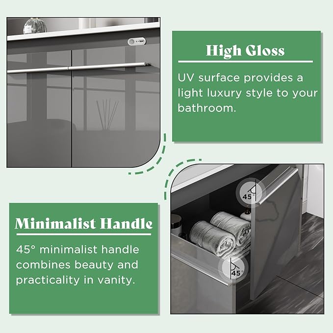 31" LED Floating Bathroom Vanity with Sink, High Gloss Single Sink Wall Mounted Bathroom Storage Vanity