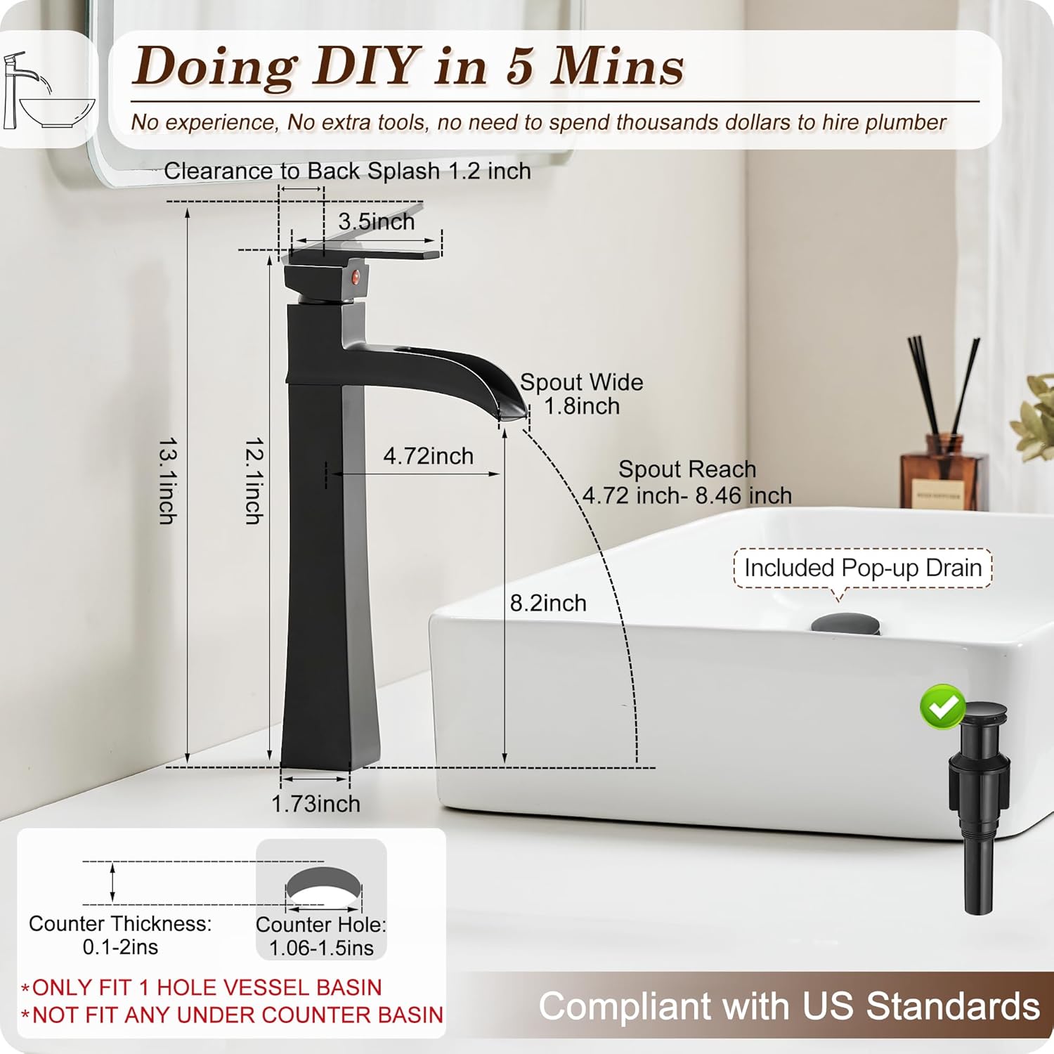 12 Inch Waterfall Tall Bathroom Faucet One Hole with Pop-Up Drain & Pre-Installed Hoses, Single Handle for Bathroom Sink Bowl Deck Mount