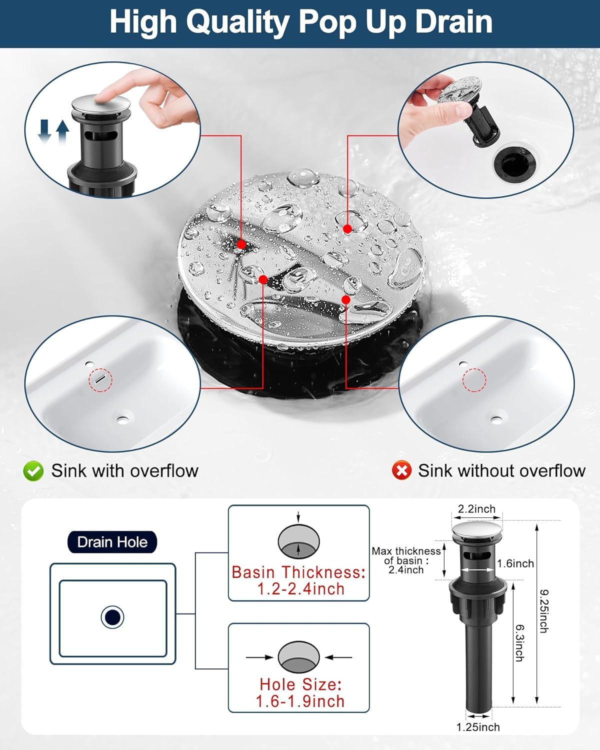Brass 4 Inch Bathroom Faucets One Hole or 3 Hole, Single Handle with PP Drain, Deck Plate, Hot and Cold Supply Hoses for RV Lavatory Restroom