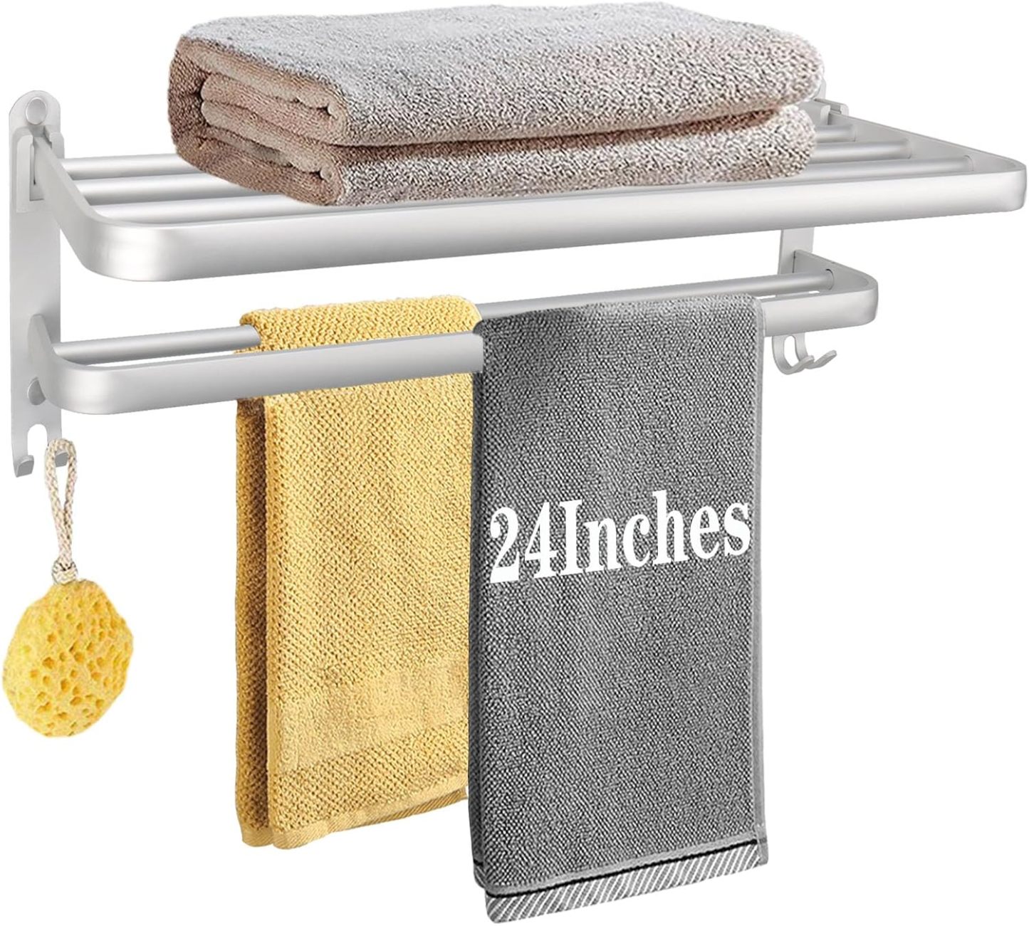 Bath Towel Holder with Double Towel Bar and Fold-able Towel Shelf, Rustproof Towel Organizer Wall Mounted Towel Storage Hanger