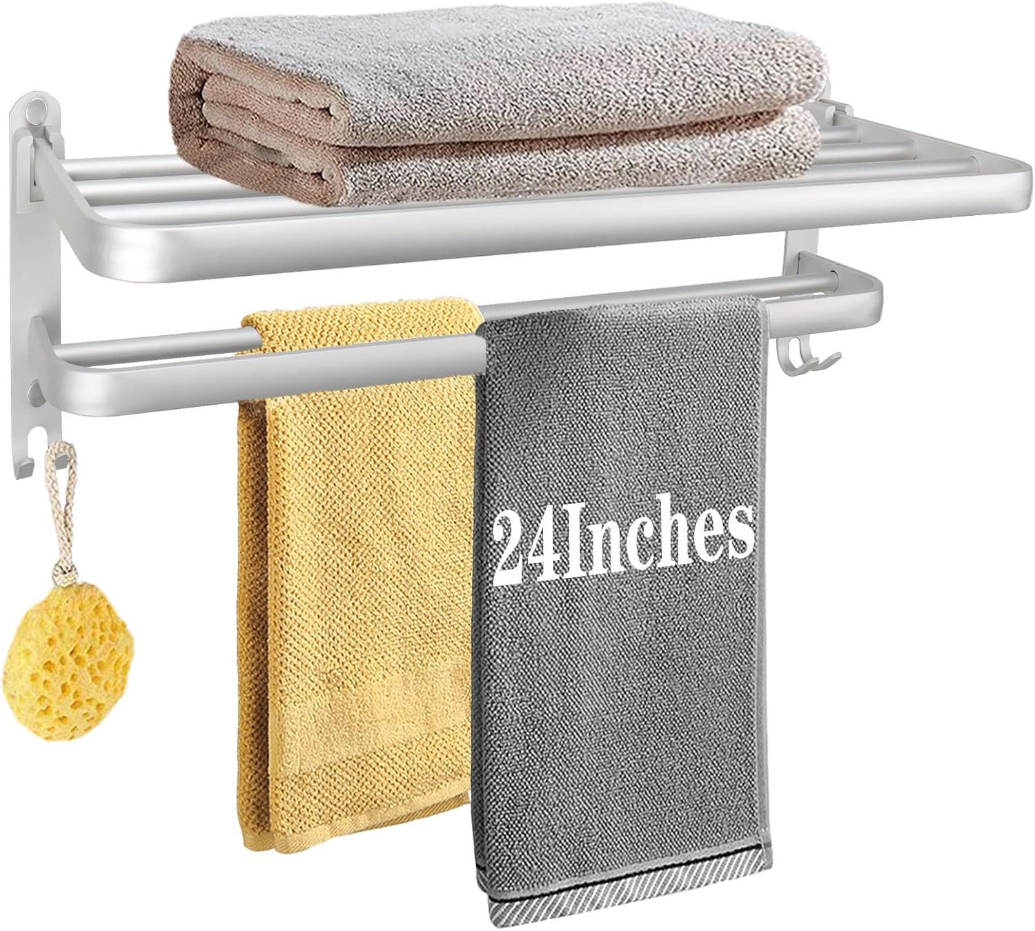 Bath Towel Holder with Double Towel Bar and Fold-able Towel Shelf, Rustproof Towel Organizer Wall Mounted Towel Storage Hanger