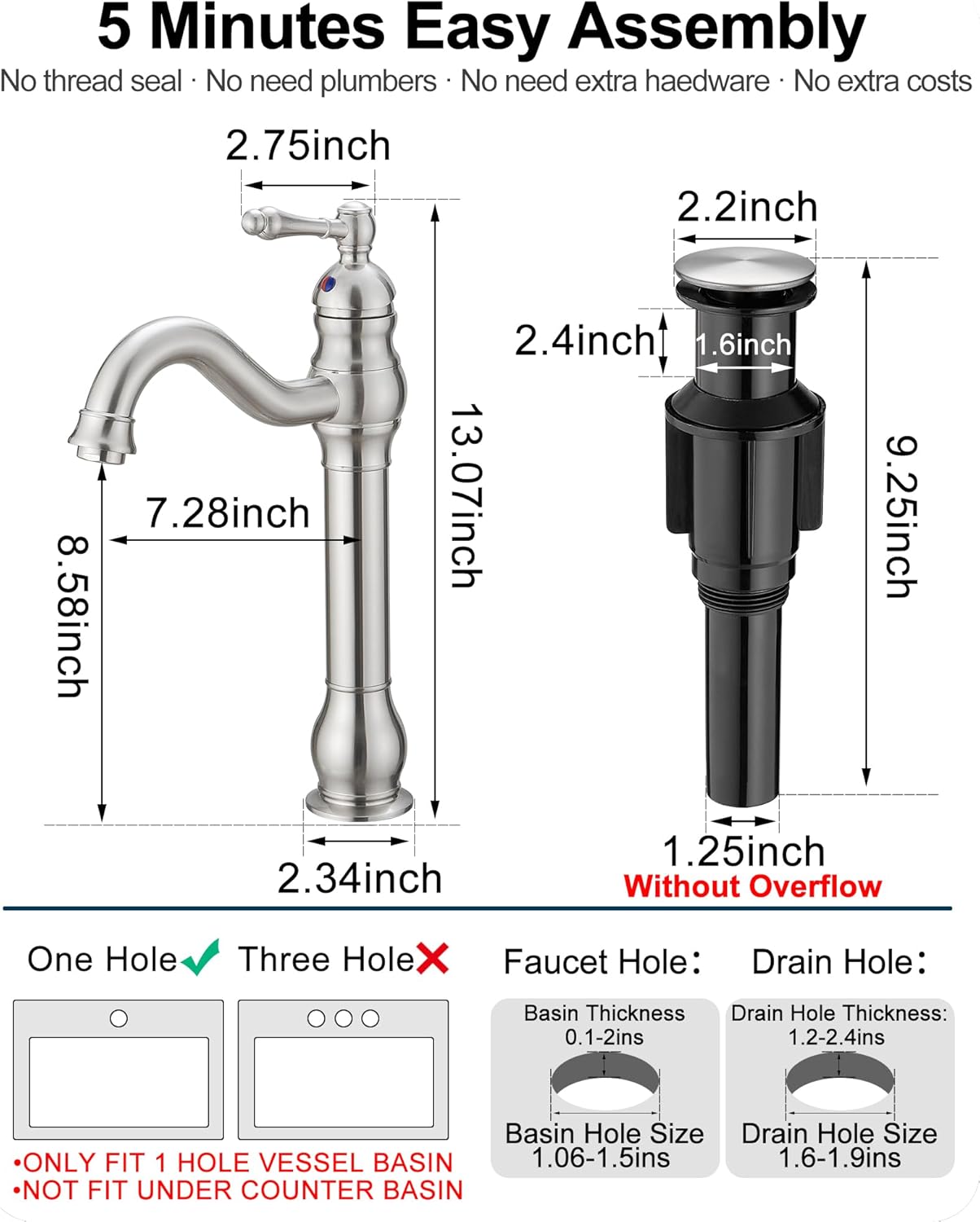 Single Handle Bathroom Faucet Brushed Nickel, Brass Vessel Sink Faucet 360 Degree Swivel Tall Bathroom Sink Faucet 1 Hole, Bathroom Faucets with Pop-up Drain & Aerator for Hotels