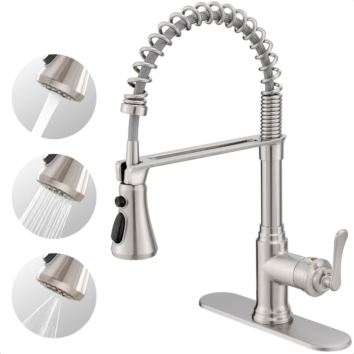 3-Function Kitchen Faucets 3 Hole or 1 Hole Stainless Steel Single Handle Kitchen Sink Faucet 360 Degree Swivel with Deck Plate