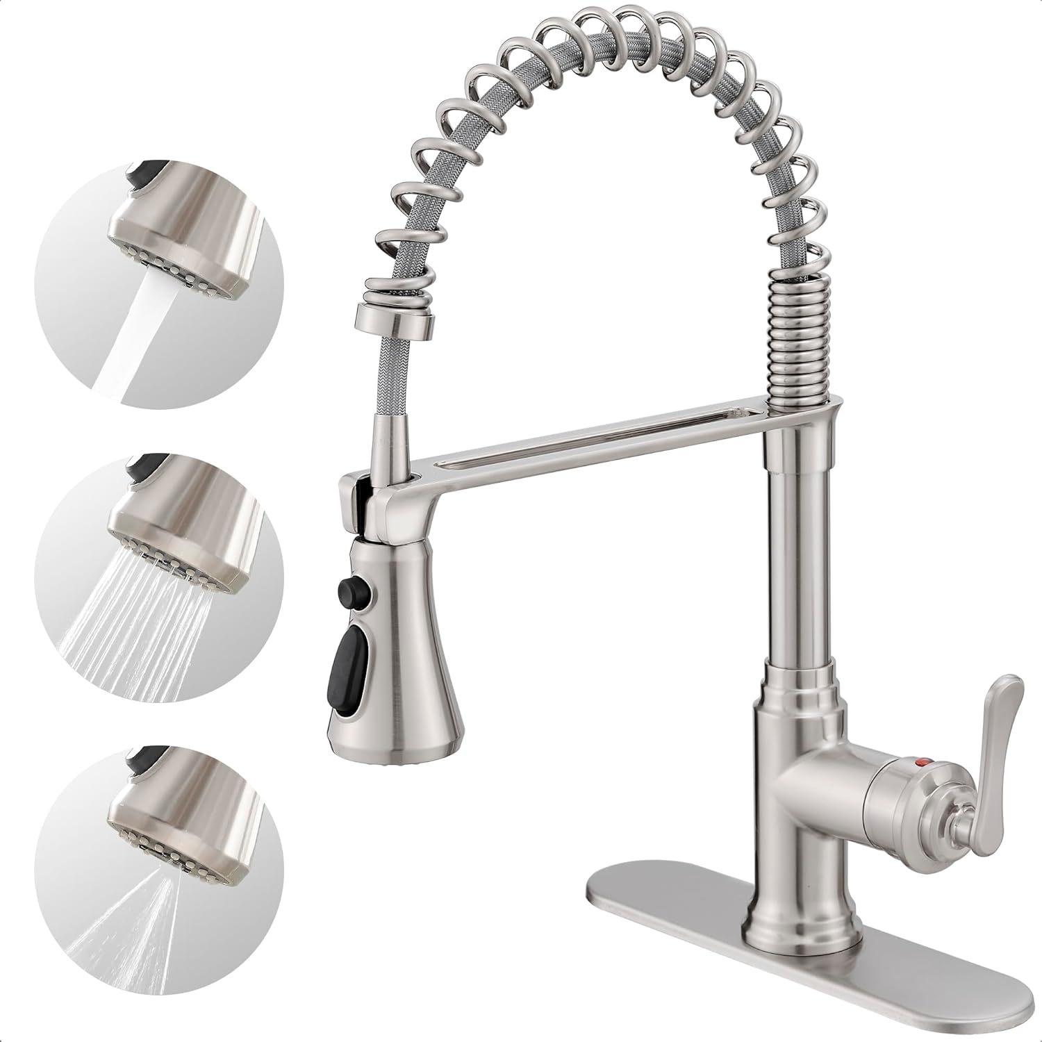 3-Function Kitchen Faucets 3 Hole or 1 Hole Stainless Steel Single Handle Kitchen Sink Faucet 360 Degree Swivel with Deck Plate