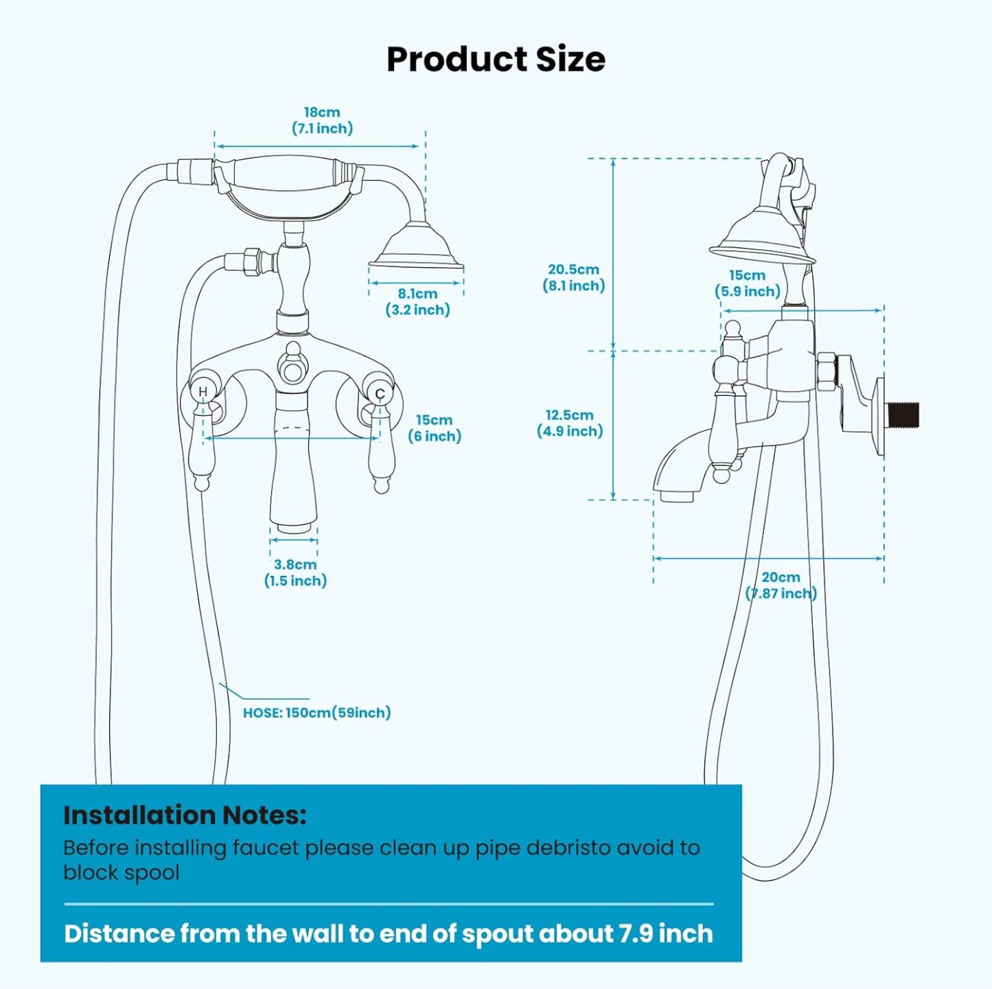 Wall Mount 3 3/8 Clawfoot Tub Faucet Antique Brass with Telephone Shaped Handheld