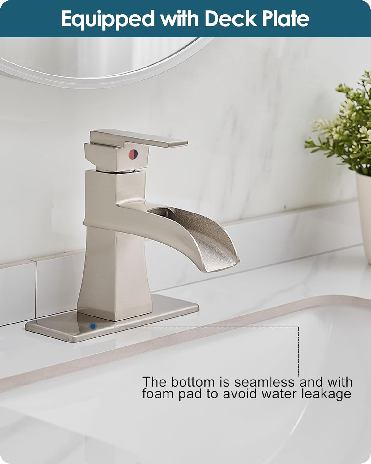 Single Hole Bathroom Faucet 3 Hole (4 Inch), Brass Waterfall Faucet Single Handle, Bathroom Faucets Brushed Nickel Bathroom Sink Faucet with Deck Plate & Pre-Install Hoses Without Pop-up Drain