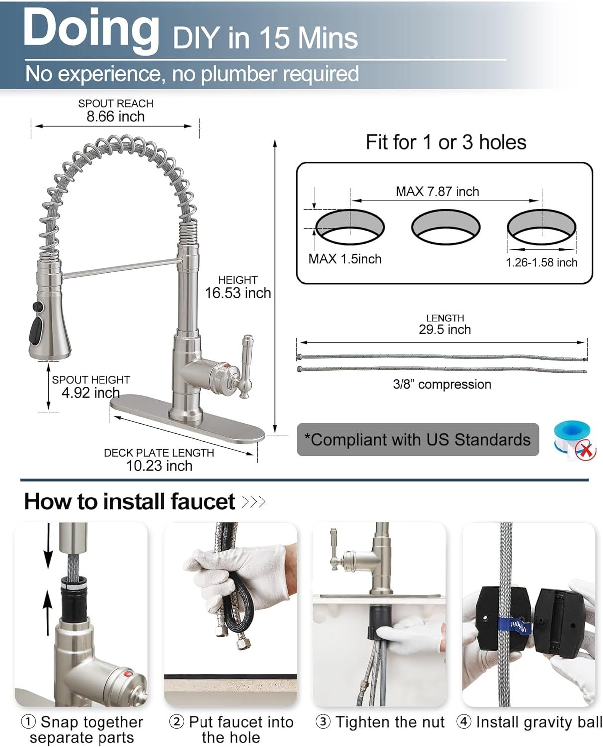 3-Modes Pull-Down Sprayer Kitchen Faucets, Single Handle Spring Kitchen Sink Faucet 3 Hole or 1 Hole with Deck Plate for Farmhouse Camper Laundry RV, Stainless Steel, High Arc