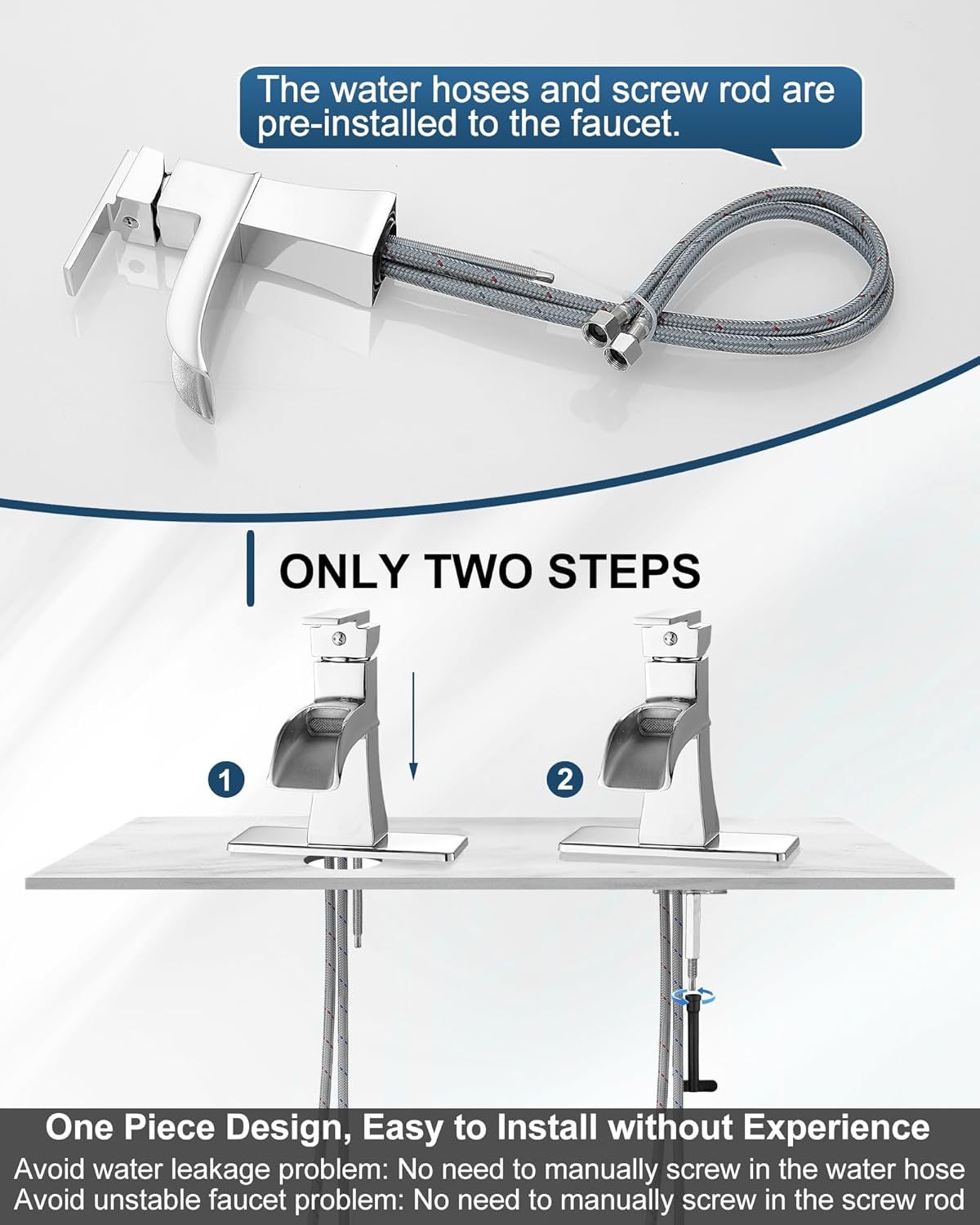 Brass 4 Inch Bathroom Faucets One Hole or 3 Hole, Single Handle with PP Drain, Deck Plate, Hot and Cold Supply Hoses for RV Lavatory Restroom