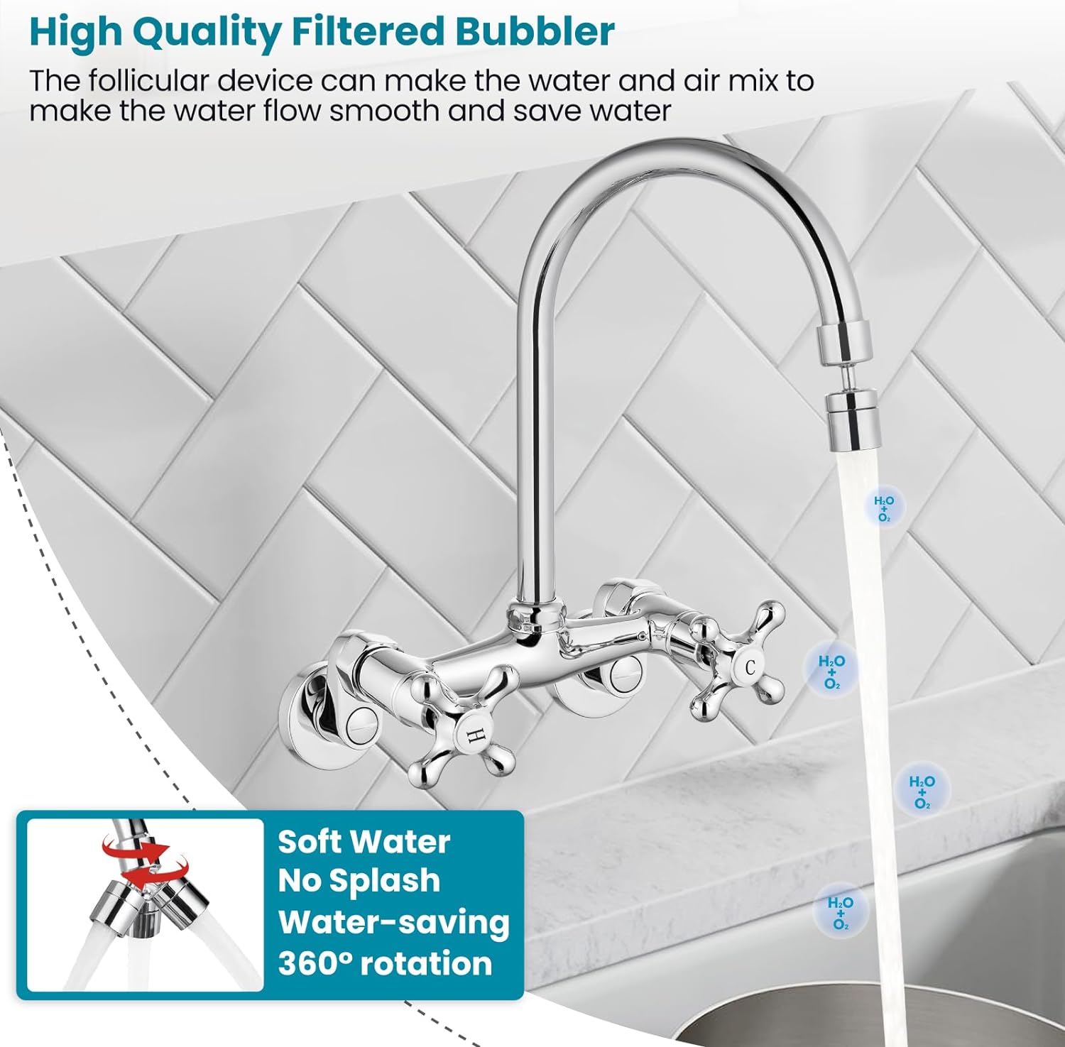 Polish Chrome Kitchen Sink Faucet Wall Mount 6 Inch Center Adjustable Hole Distance Kitchen Wall Faucet