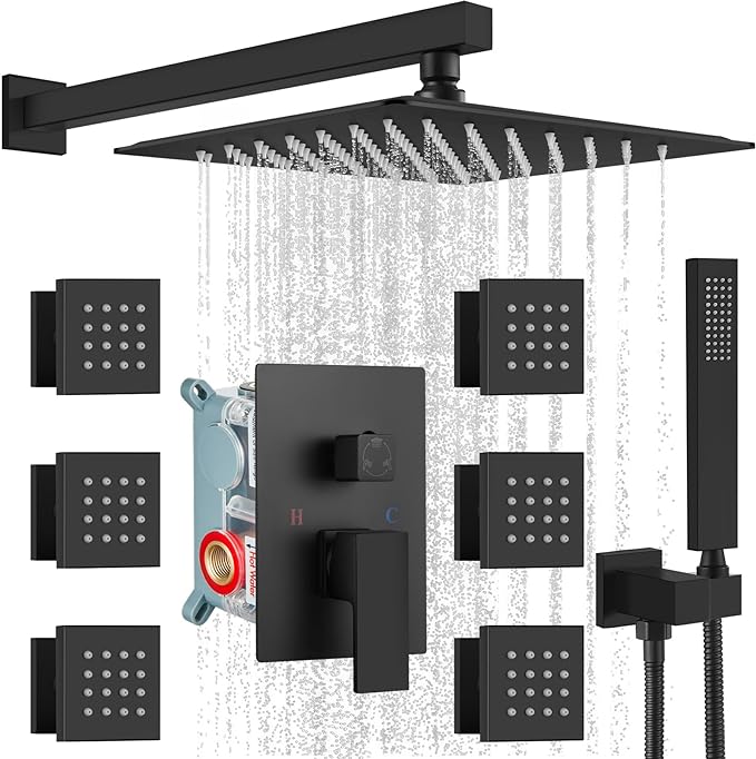 Wall Mounted Rain Mixer Shower Faucet Set Matte Black 12 inch Square Rainfall Shower Head