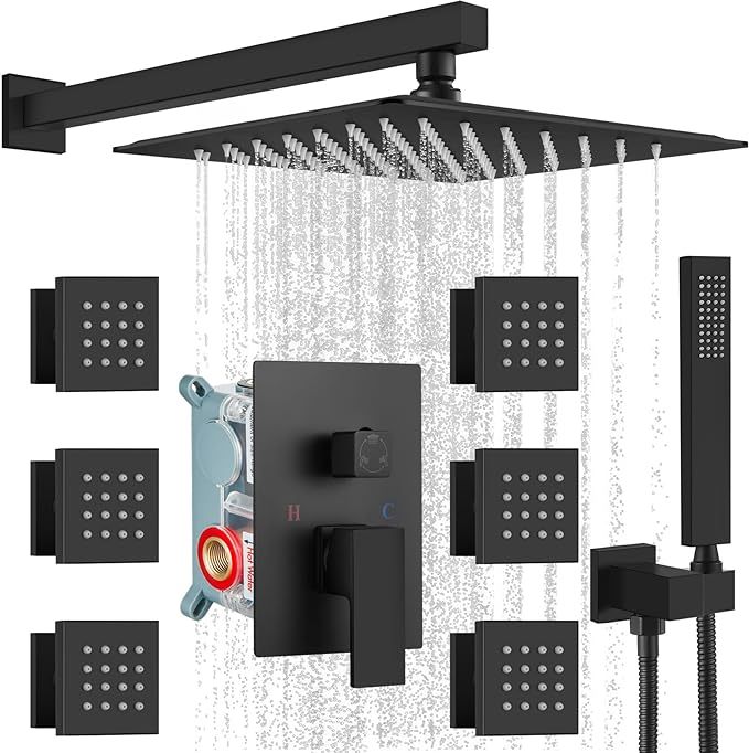 Wall Mounted Rain Mixer Shower Faucet Set Matte Black 12 inch Square Rainfall Shower Head