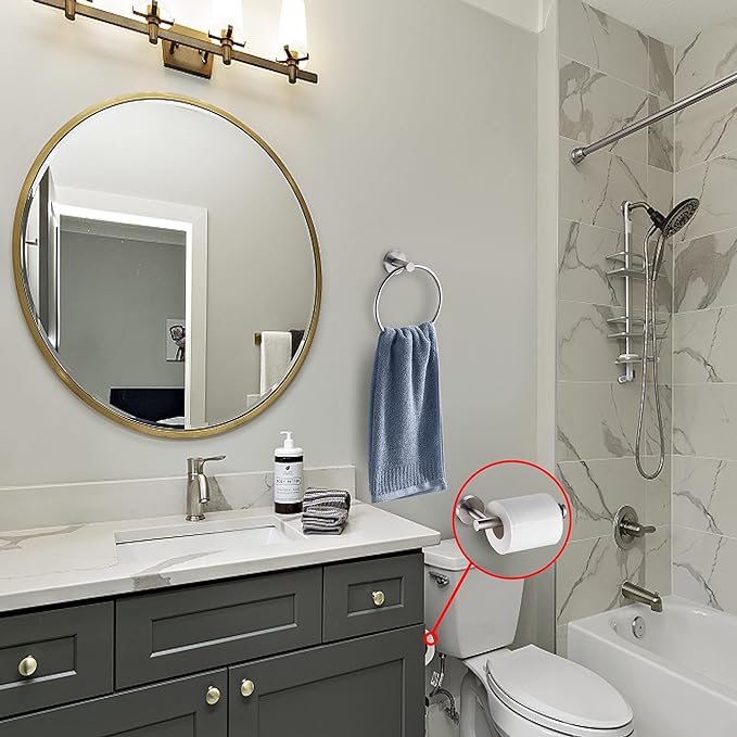 Brushed Nickel Toilet Paper Holder and Hand Towel Ring Set 2 Pieces