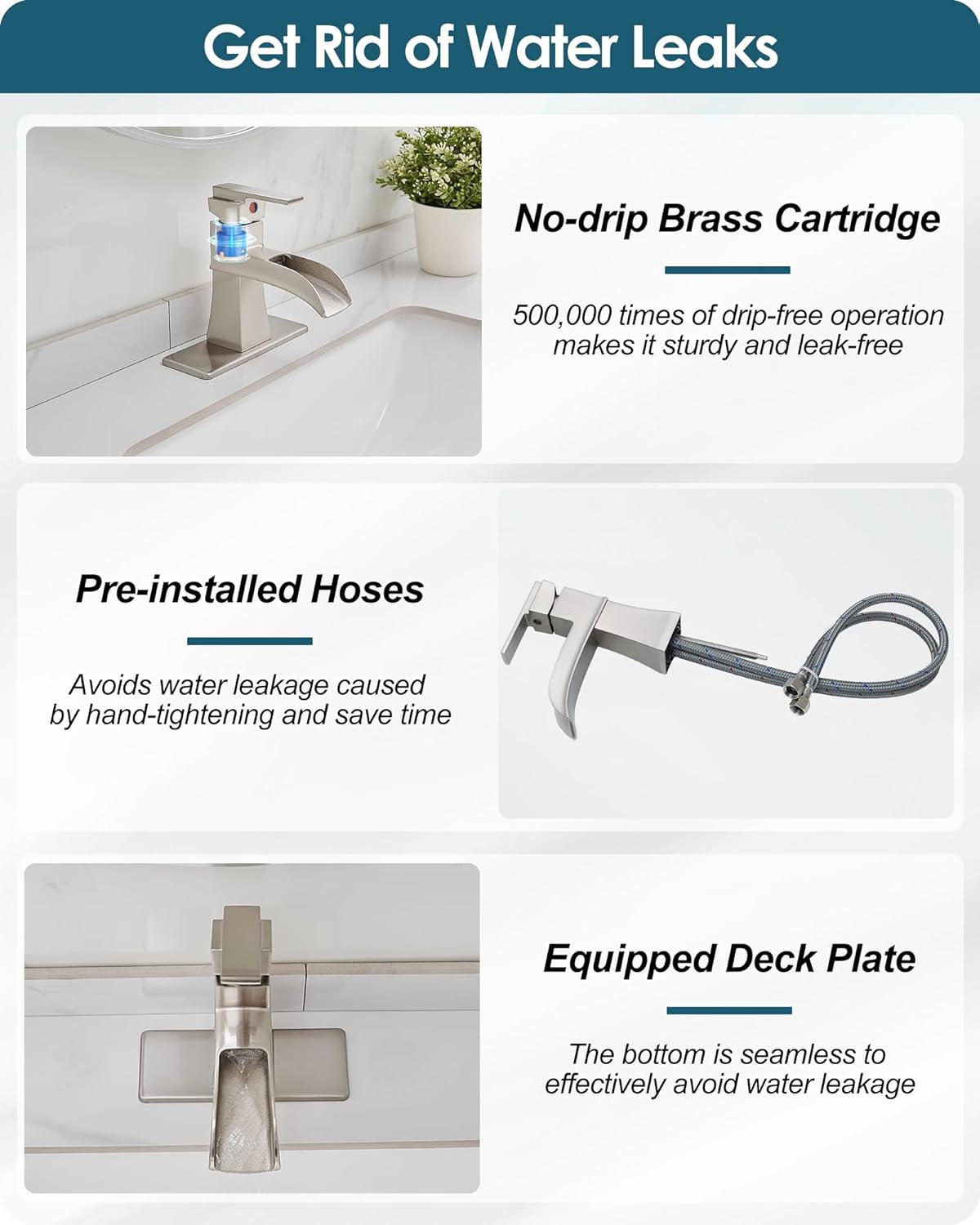 Single Hole Bathroom Faucet 3 Hole (4 Inch), Brass Waterfall Faucet Single Handle, Bathroom Faucets Brushed Nickel Bathroom Sink Faucet with Deck Plate & Pre-Install Hoses Without Pop-up Drain