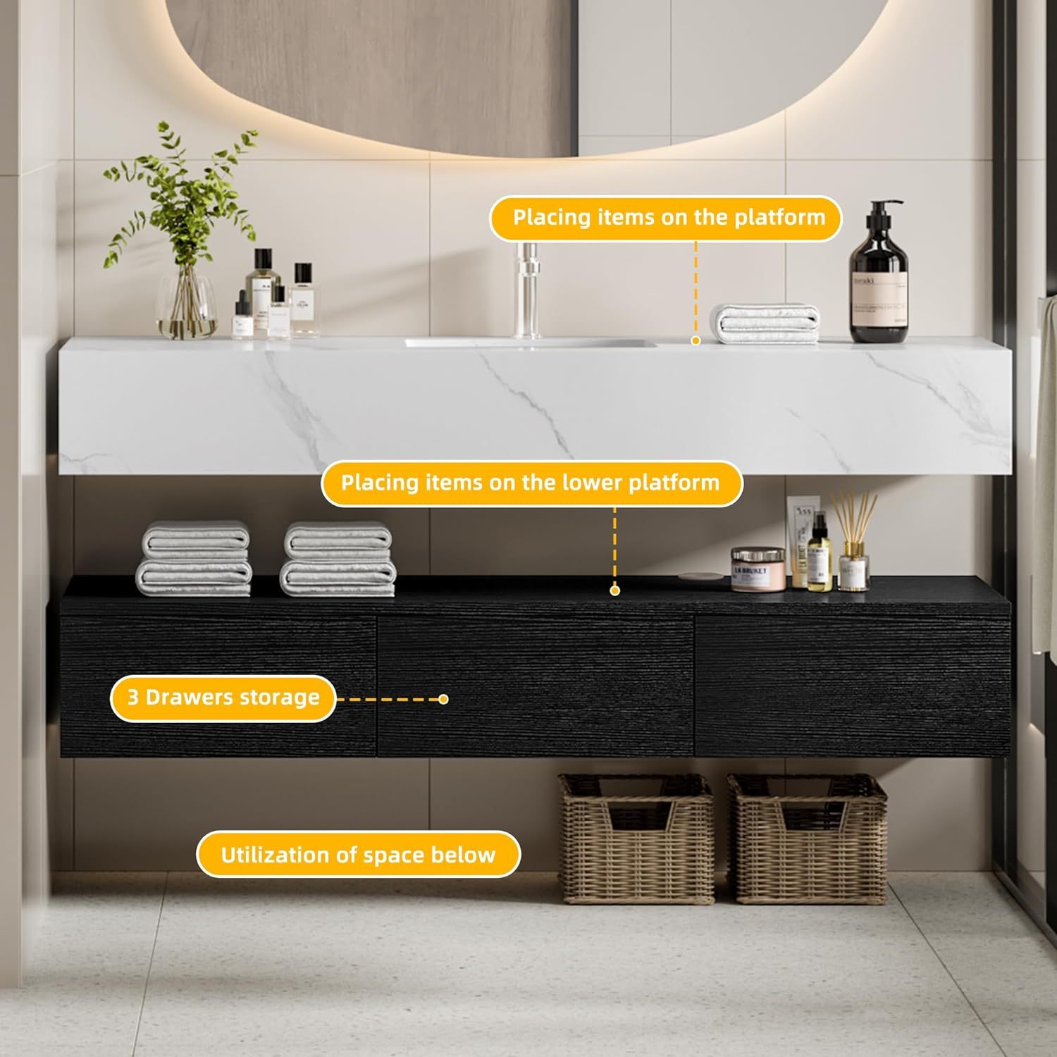 Floating Vanity Bathroom 60 Inch Wall Mounted Bathroom Storage Cabinet Single Integrated Set