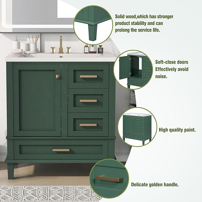 30" Modern Bathroom Vanity with Sink Combo Set, Solid Wood Frame Bathroom Storage Cabinet