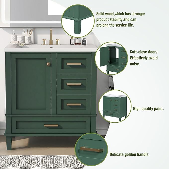 30" Modern Bathroom Vanity with Sink Combo Set, Solid Wood Frame Bathroom Storage Cabinet