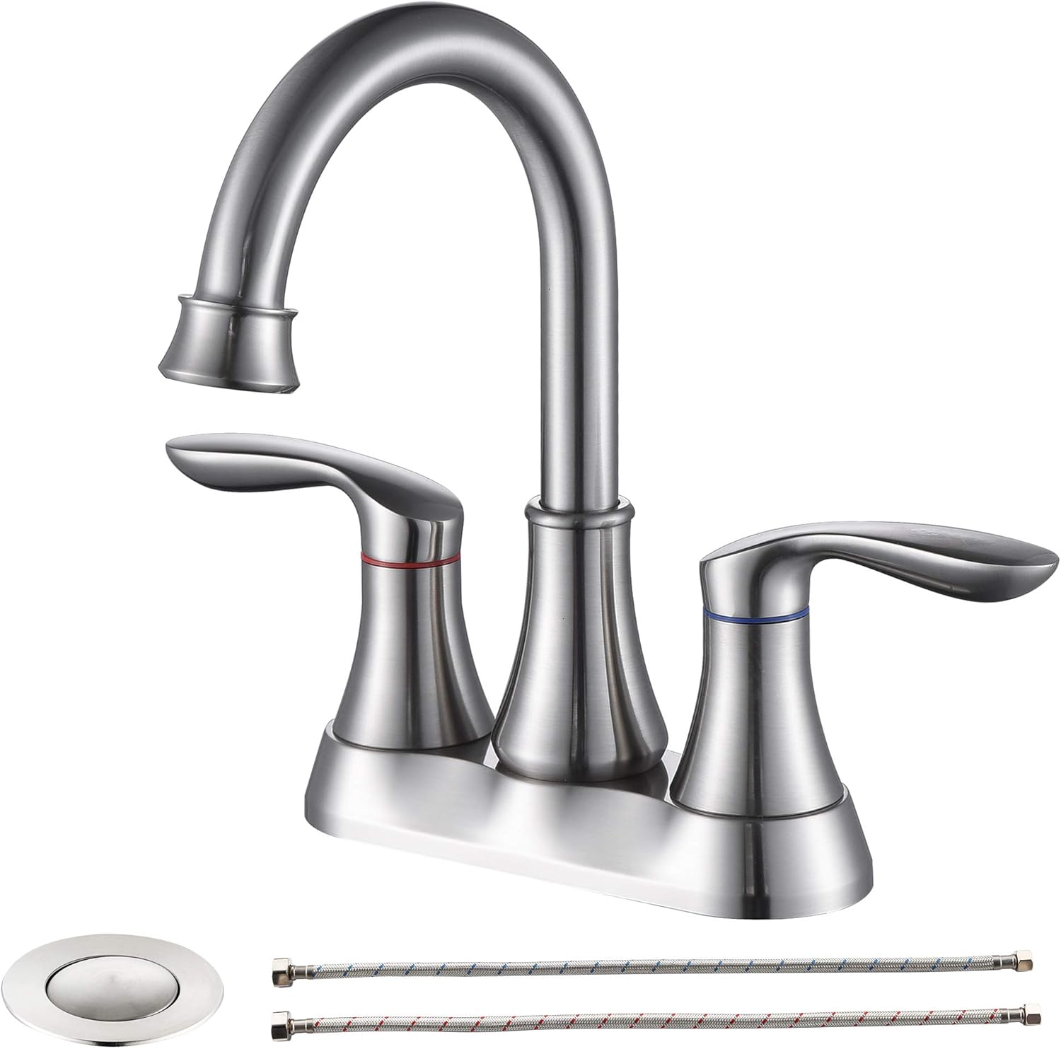 Bathroom Faucet Brushed Nickel with Pop-up Drain & Supply Hoses Two-Handle 360 Degree High Arc Swivel