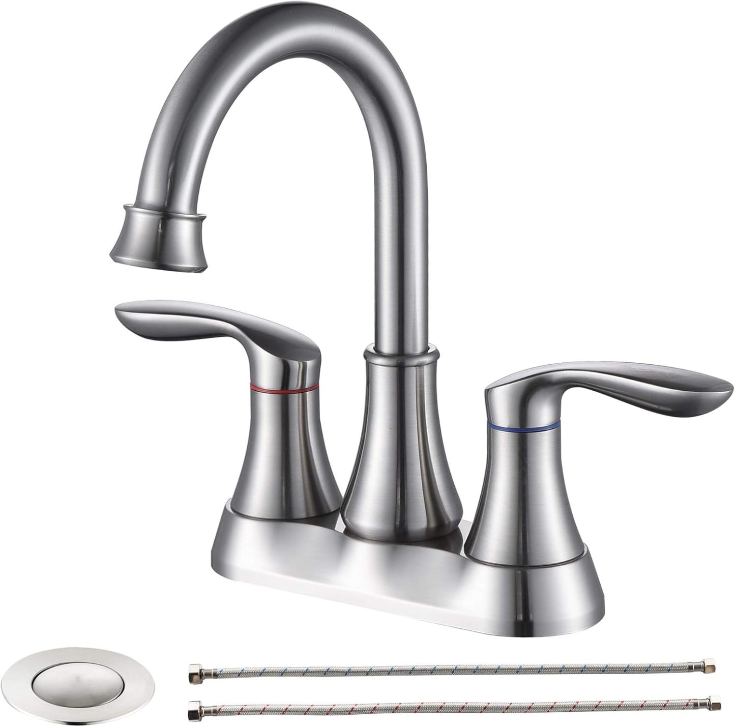 Bathroom Faucet Brushed Nickel with Pop-up Drain & Supply Hoses Two-Handle 360 Degree High Arc Swivel