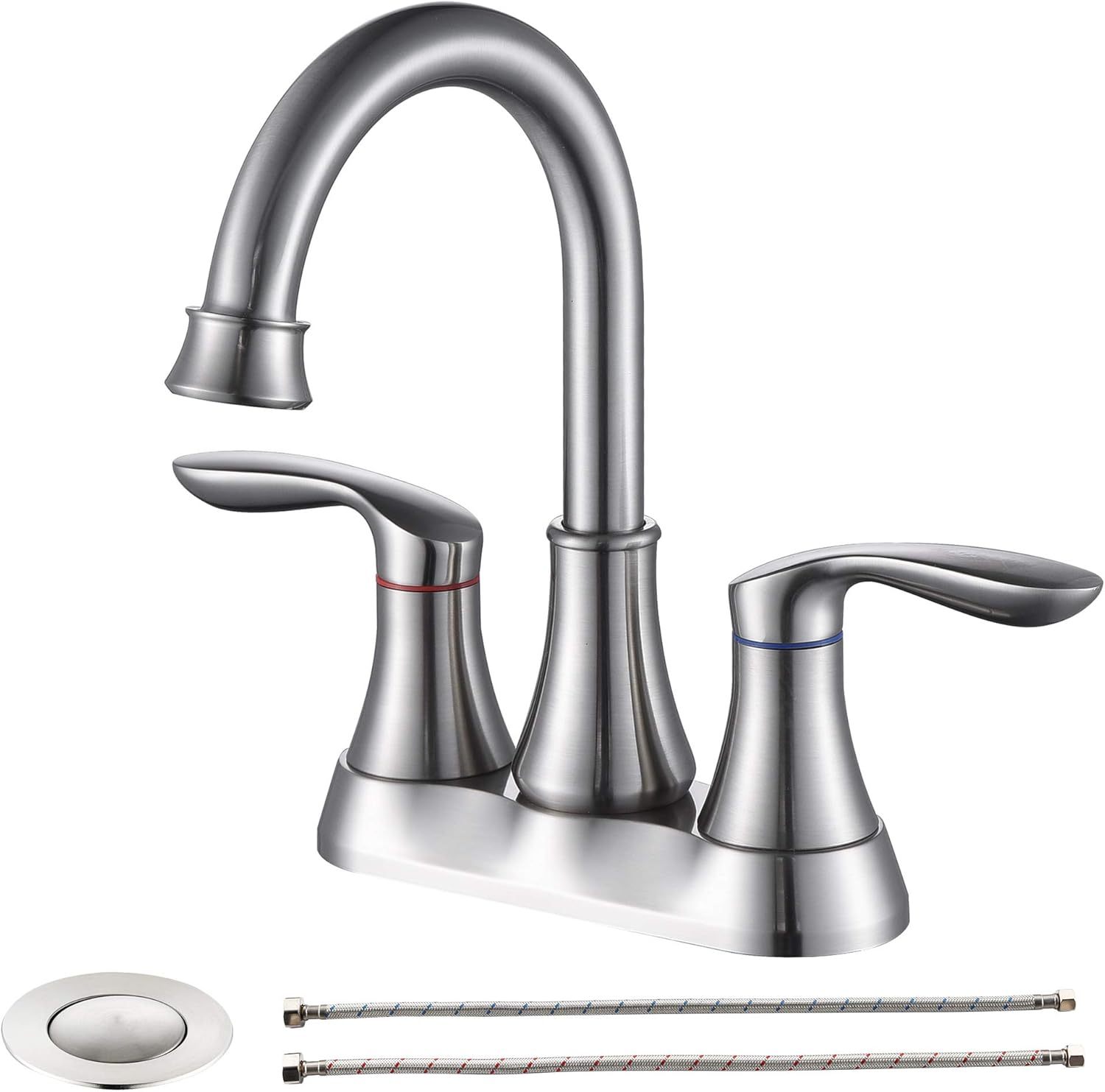 Bathroom Faucet Brushed Nickel with Pop-up Drain & Supply Hoses Two-Handle 360 Degree High Arc Swivel