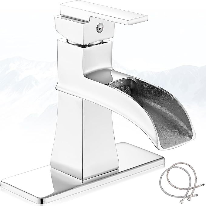 Single Hole Bathroom Faucet 3 Hole (4 Inch), Brass Waterfall Faucet Single Handle, Bathroom Faucets Brushed Nickel Bathroom Sink Faucet with Deck Plate & Pre-Install Hoses Without Pop-up Drain