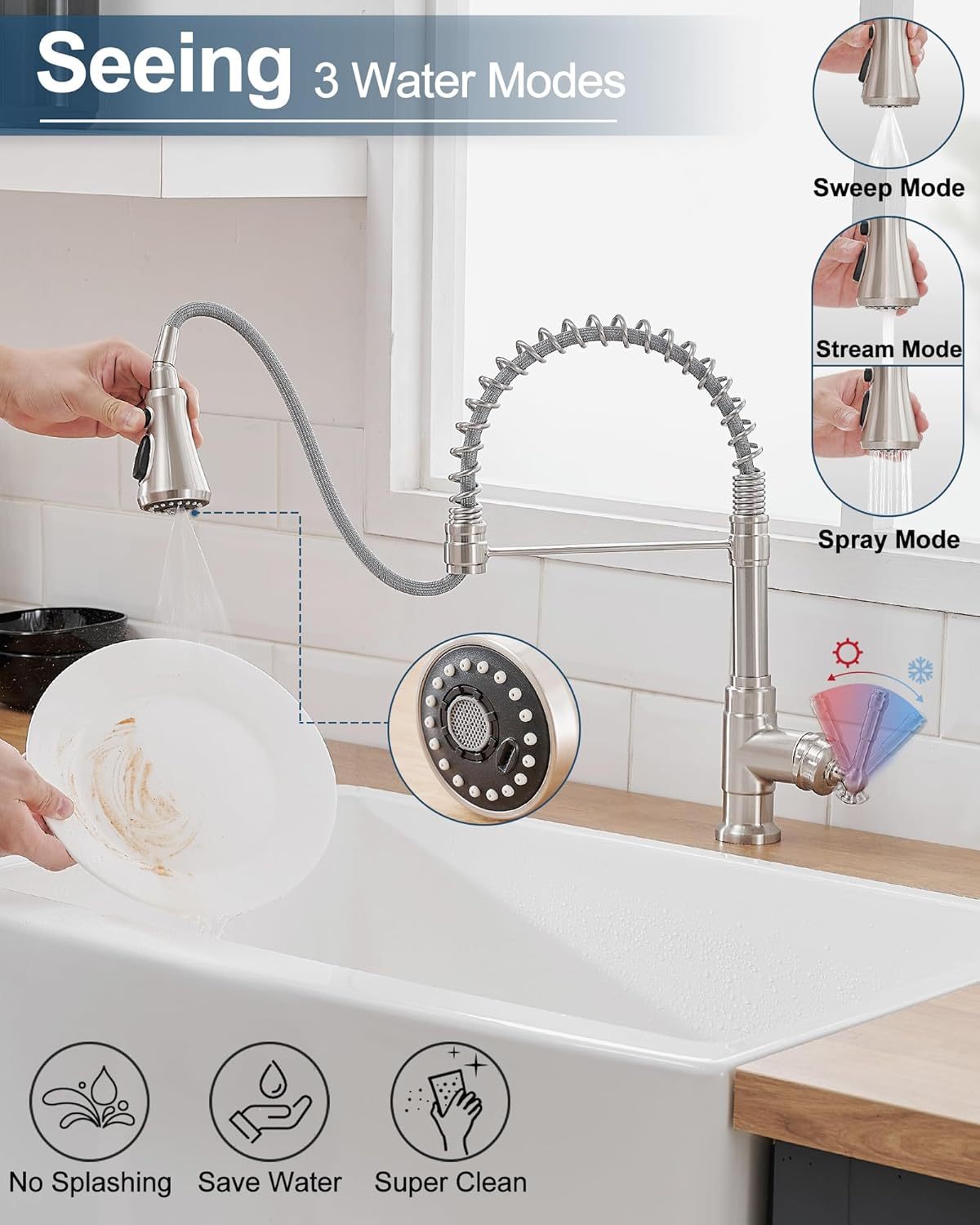 3-Modes Pull-Down Sprayer Kitchen Faucets, Single Handle Spring Kitchen Sink Faucet 3 Hole or 1 Hole with Deck Plate for Farmhouse Camper Laundry RV, Stainless Steel, High Arc