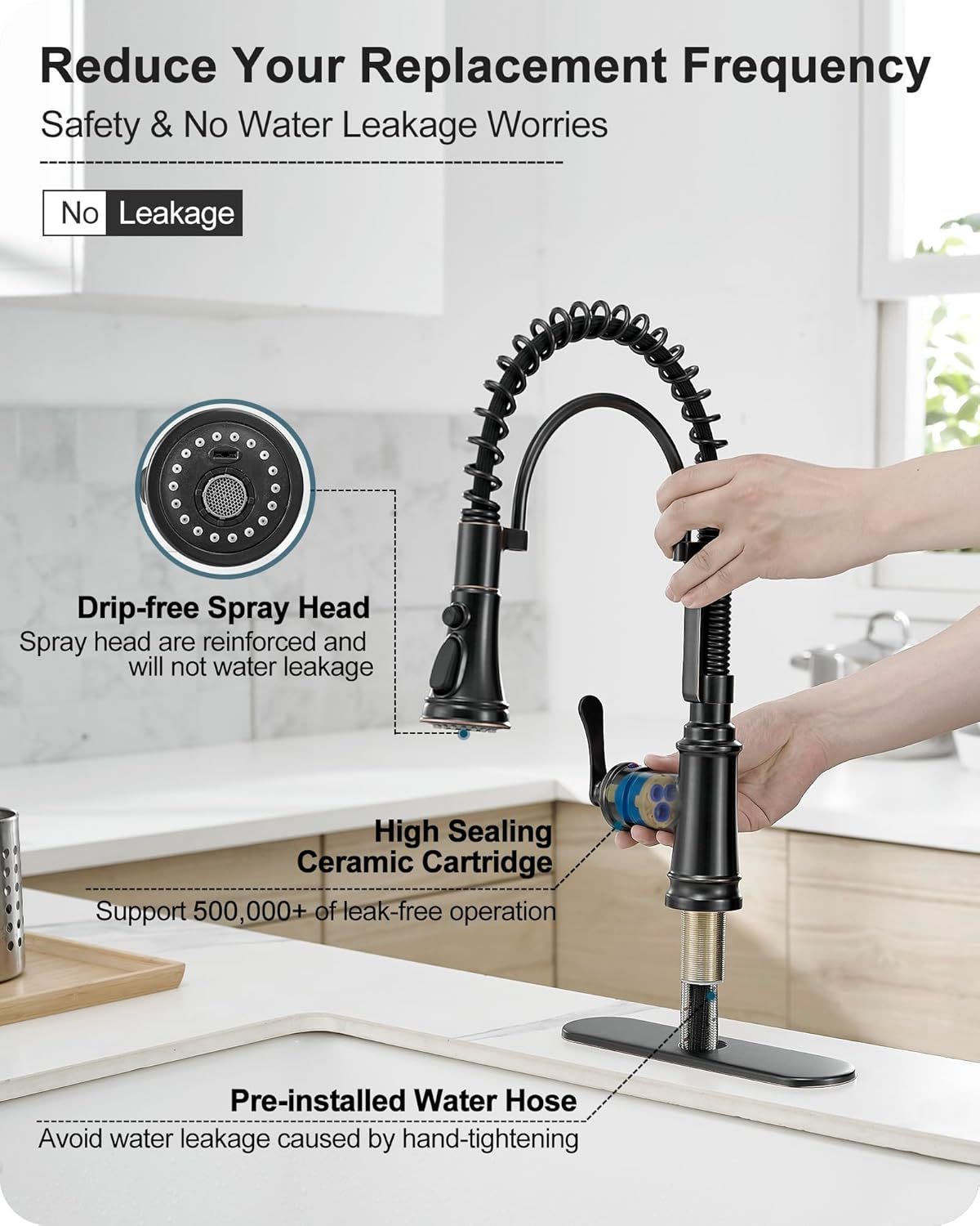 3 Modes Bronze Kitchen Faucet with Pull Down Sprayer, Single Hole Kitchen Sink Faucet 3 Hole, Stainless Steel High Arc Spring Style