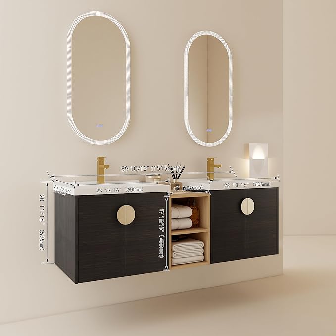 60-Inch Double Sink Vanity Modern Wall Mounted Bathroom Vanity