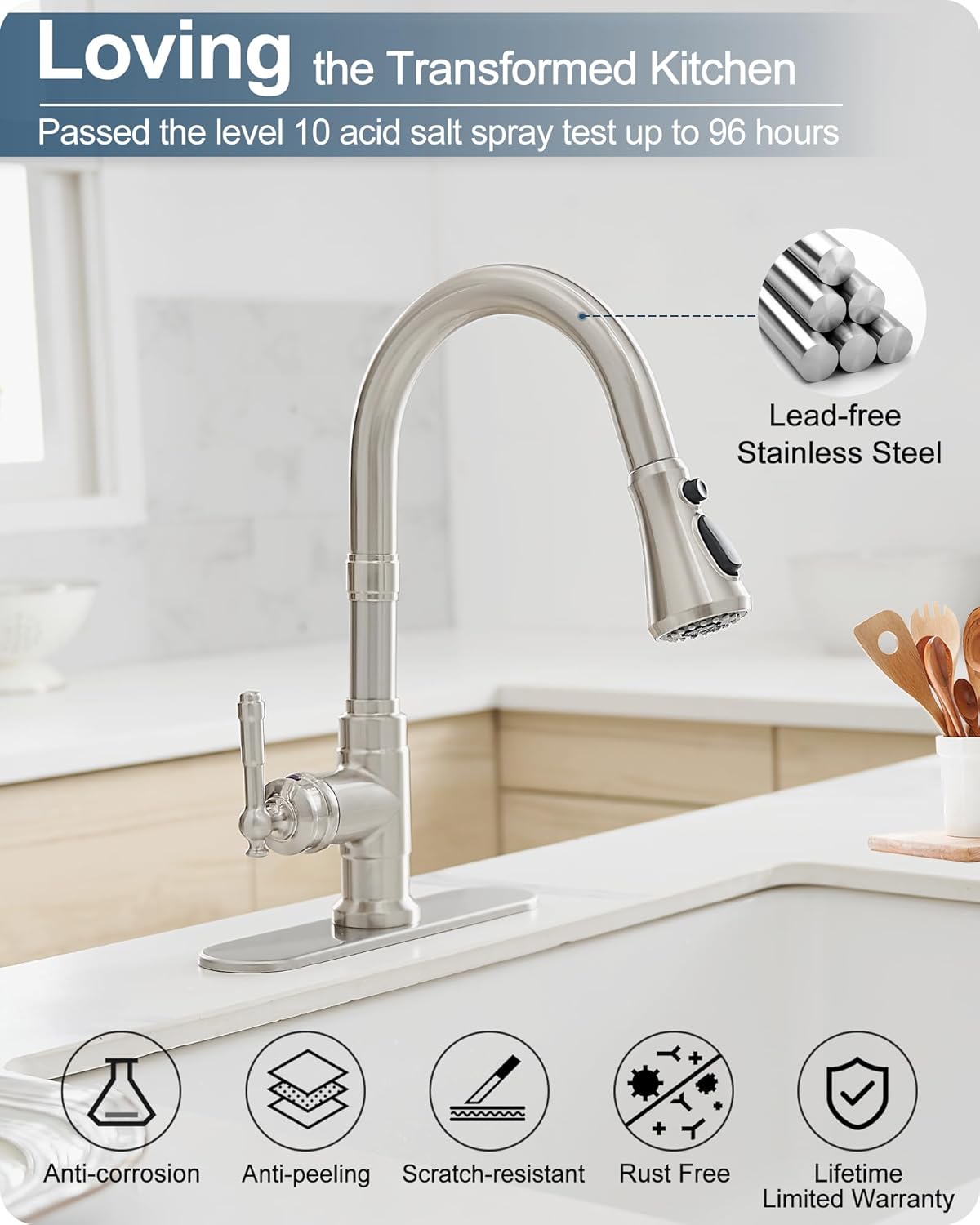 3-Function Pull-Down Sprayer Kitchen Faucets, 1 or 3 Hole High Arc Classic Single Handle Kitchen Sink Faucet with Deck Plate