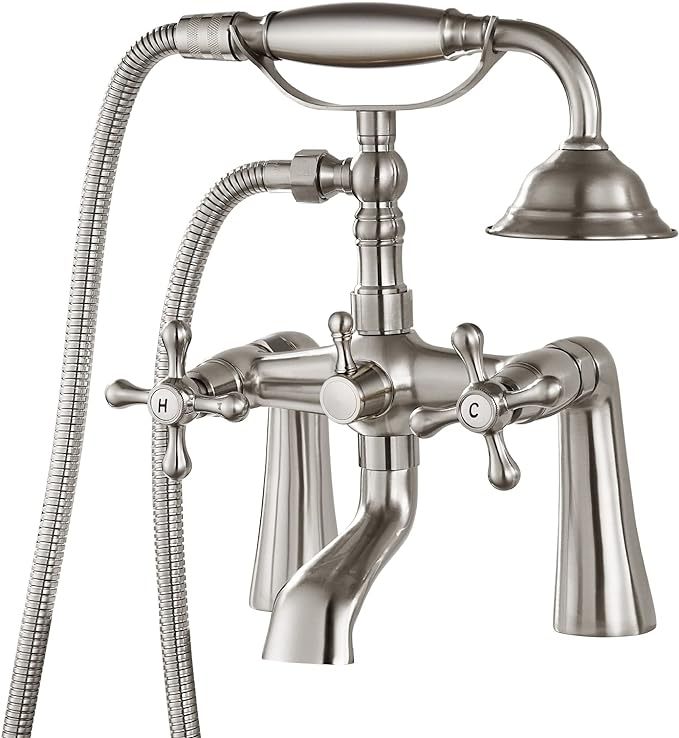 Deck Mount Tub Bathtub Clawfoot Faucet with Handheld Shower Brushed Nickel Telephone Shaped Sprayer