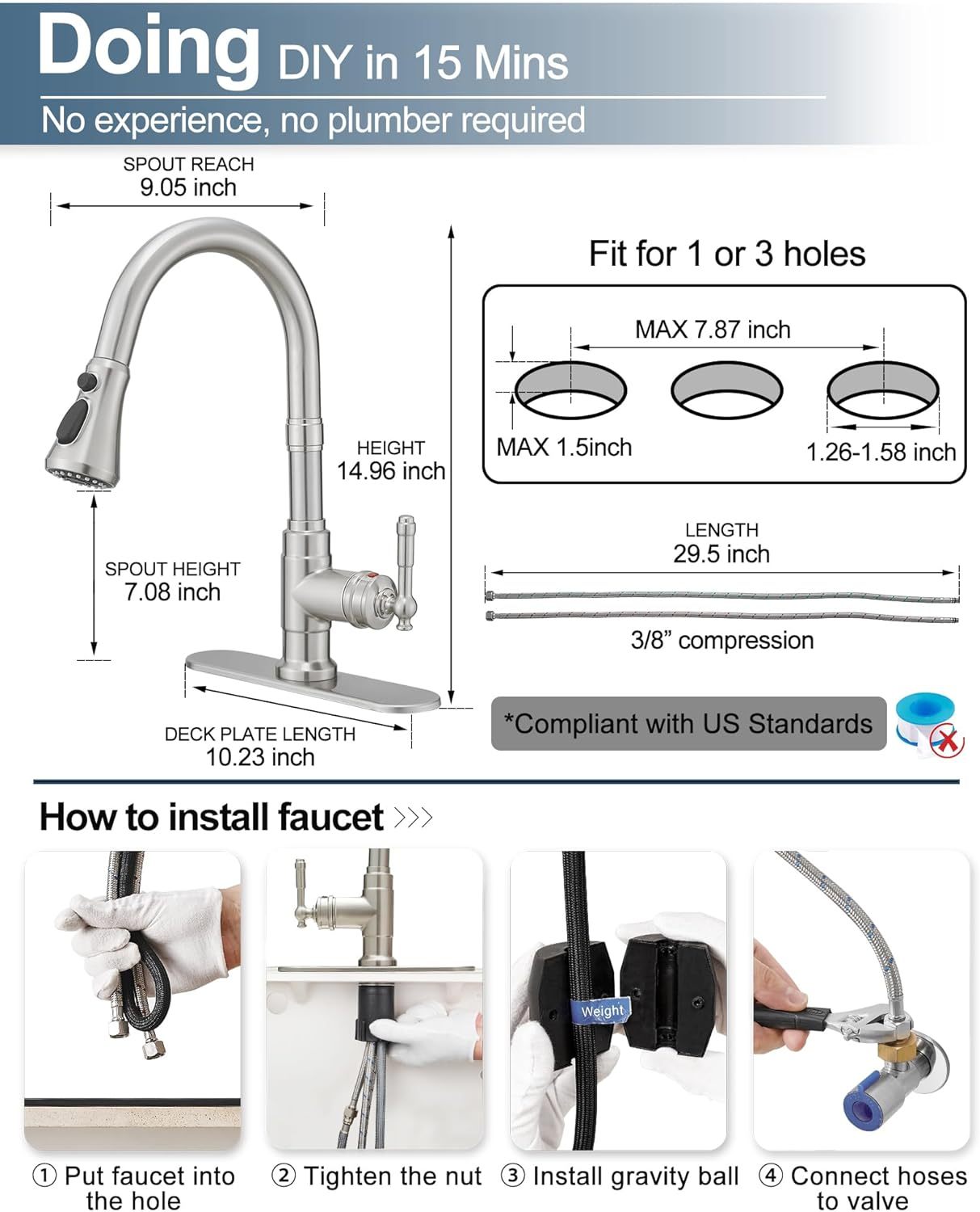 3-Function Pull-Down Sprayer Kitchen Faucets, 1 or 3 Hole High Arc Classic Single Handle Kitchen Sink Faucet with Deck Plate