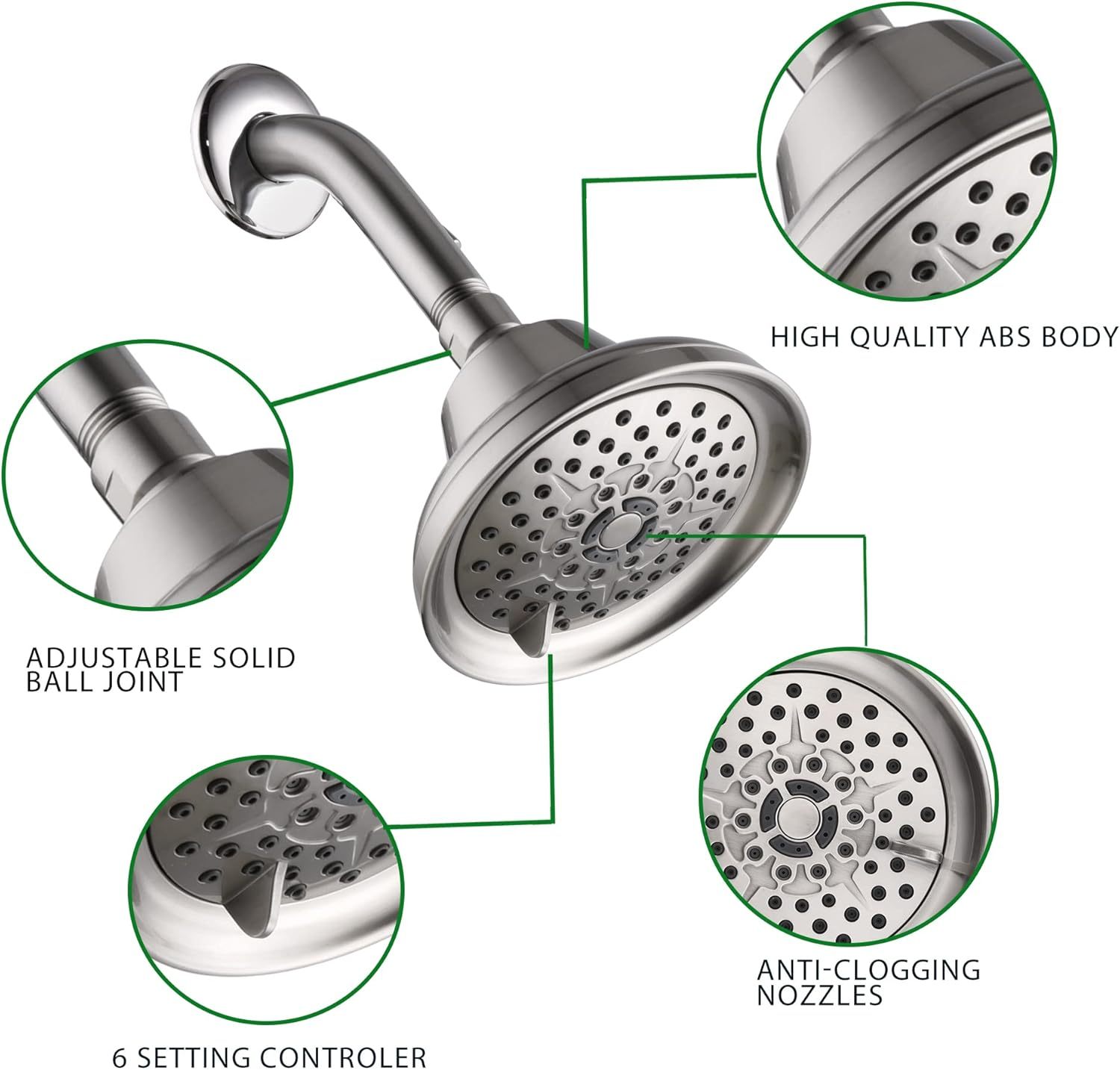6 Spray Settings High Pressure Shower Head 5" Rain Fixed Showerhead - Brushed Nickel Adjustable Shower Head with Anti-Clogging Nozzles