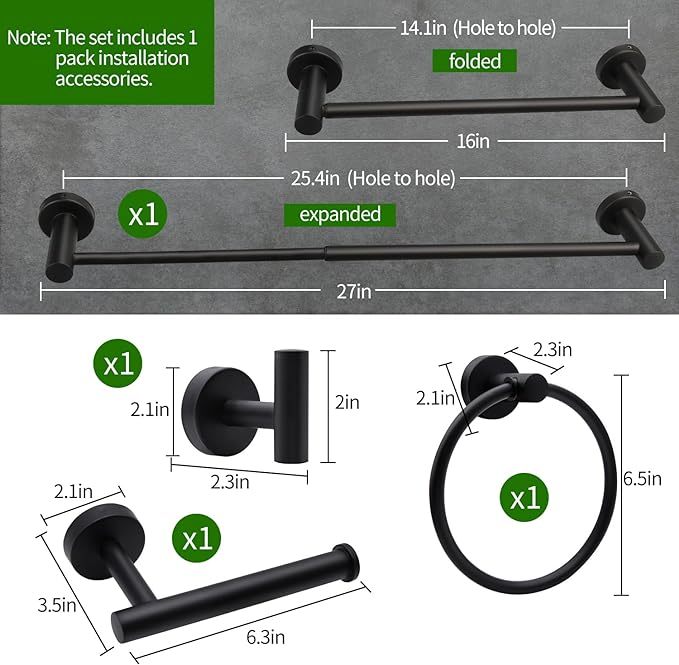 27in Single Towel Bar Set, Retractable 27in Single Towel Bar with Toilet Paper Holders