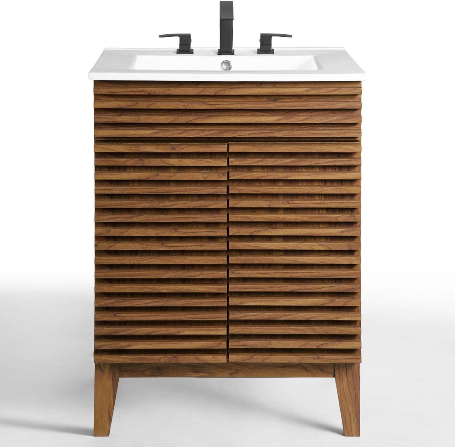 Mid-Century Bathroom Vanity With Sink in Walnut White,24 Inch