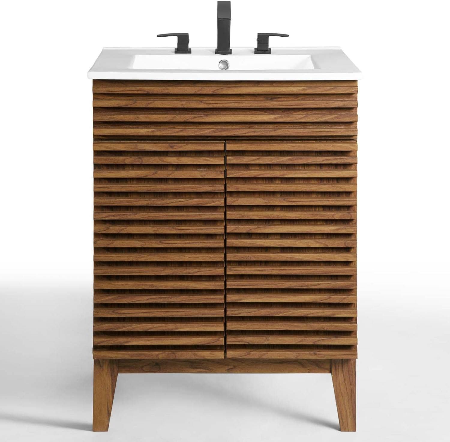 Mid-Century Bathroom Vanity With Sink in Walnut White,24 Inch