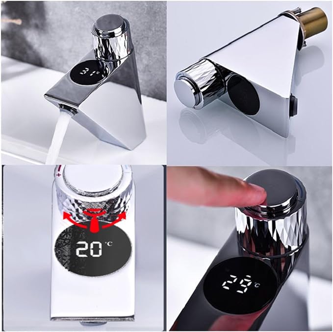 All Copper Hot and Cold Water LED Display Memory Thermostat Bathroom Sink Faucet