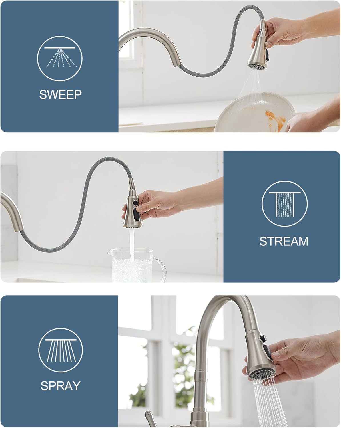3-Function Pull-Down Sprayer Kitchen Faucets, 1 or 3 Hole High Arc Classic Single Handle Kitchen Sink Faucet with Deck Plate