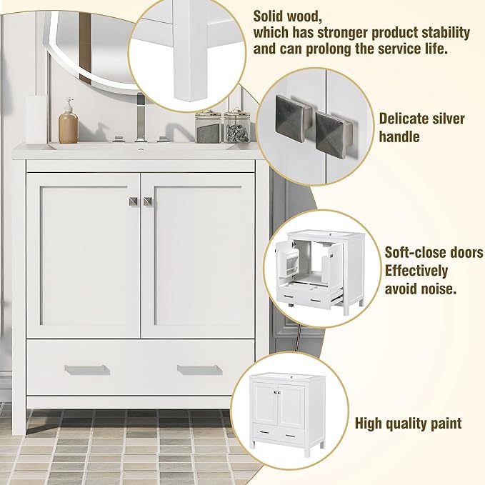 30" Modern Bathroom Vanity with Sink Combo Set, Solid Wood Frame Bathroom Storage Cabinet