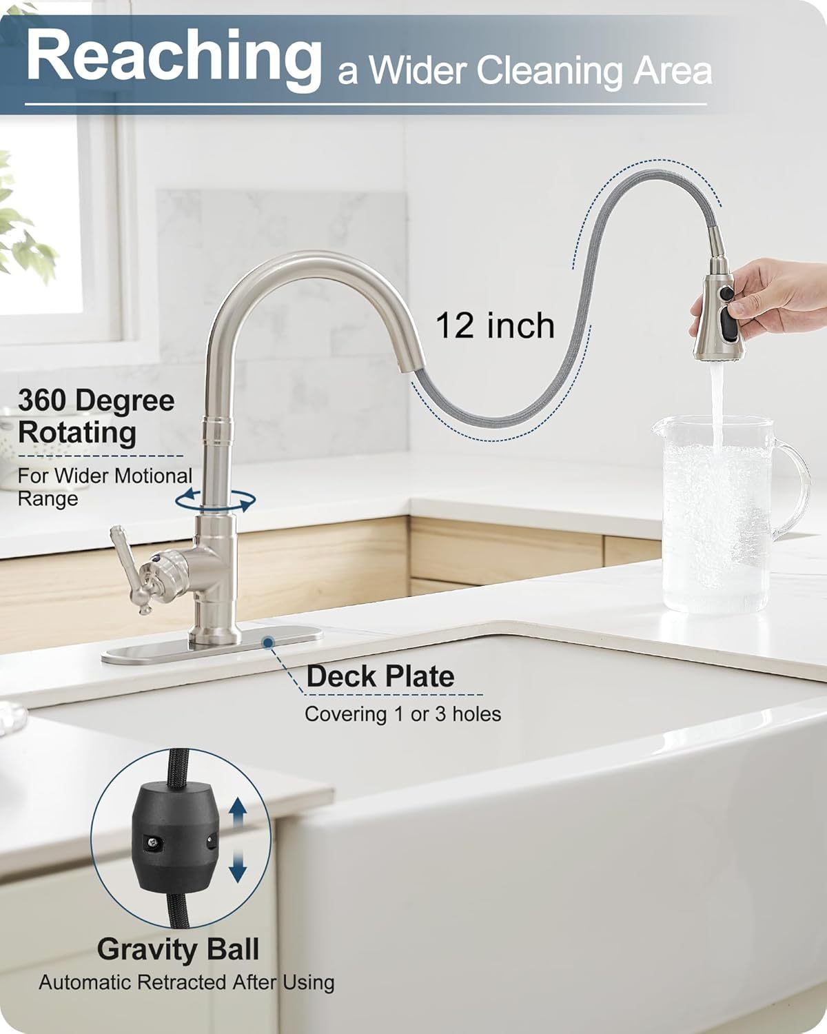 3-Function Pull-Down Sprayer Kitchen Faucets, 1 or 3 Hole High Arc Classic Single Handle Kitchen Sink Faucet with Deck Plate