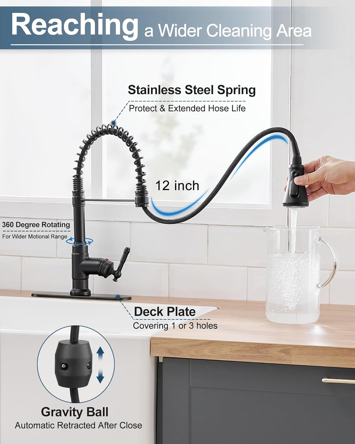 3-Modes Pull-Down Sprayer Kitchen Faucets, Single Handle Spring Kitchen Sink Faucet 3 Hole or 1 Hole with Deck Plate for Farmhouse Camper Laundry RV, Stainless Steel, High Arc